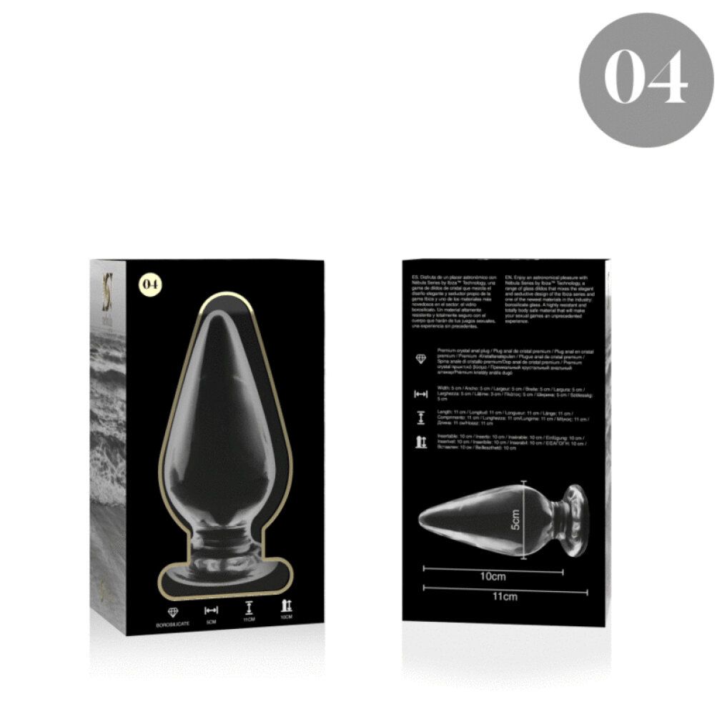 Analplug aus Glas, transparent. Mit Verpackung. Auf der Verpackung: Borosilikatglas, Maße.