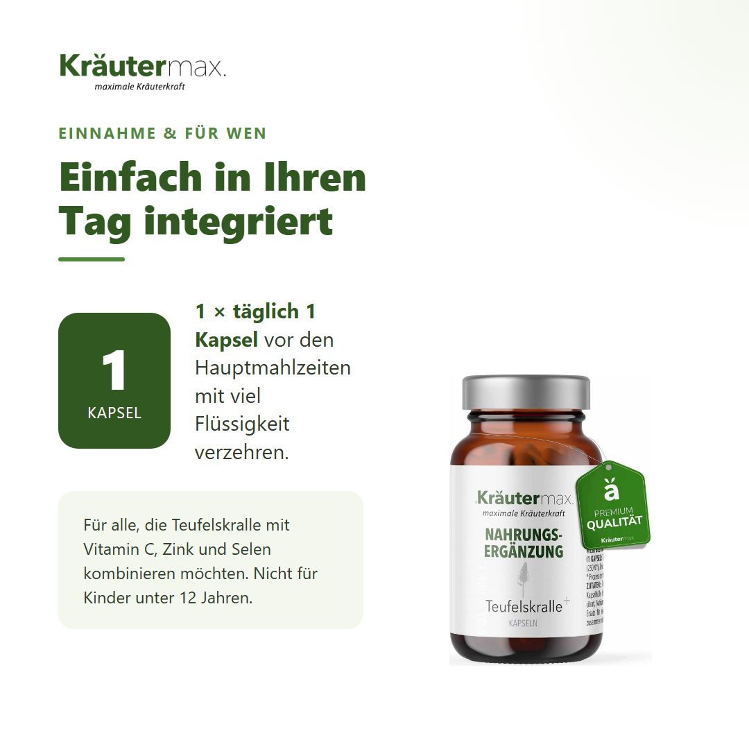 Anwendungshinweis: 1 Kapsel täglich. Flasche Kräutermax Teufelskralle mit Premium Qualität Siegel.