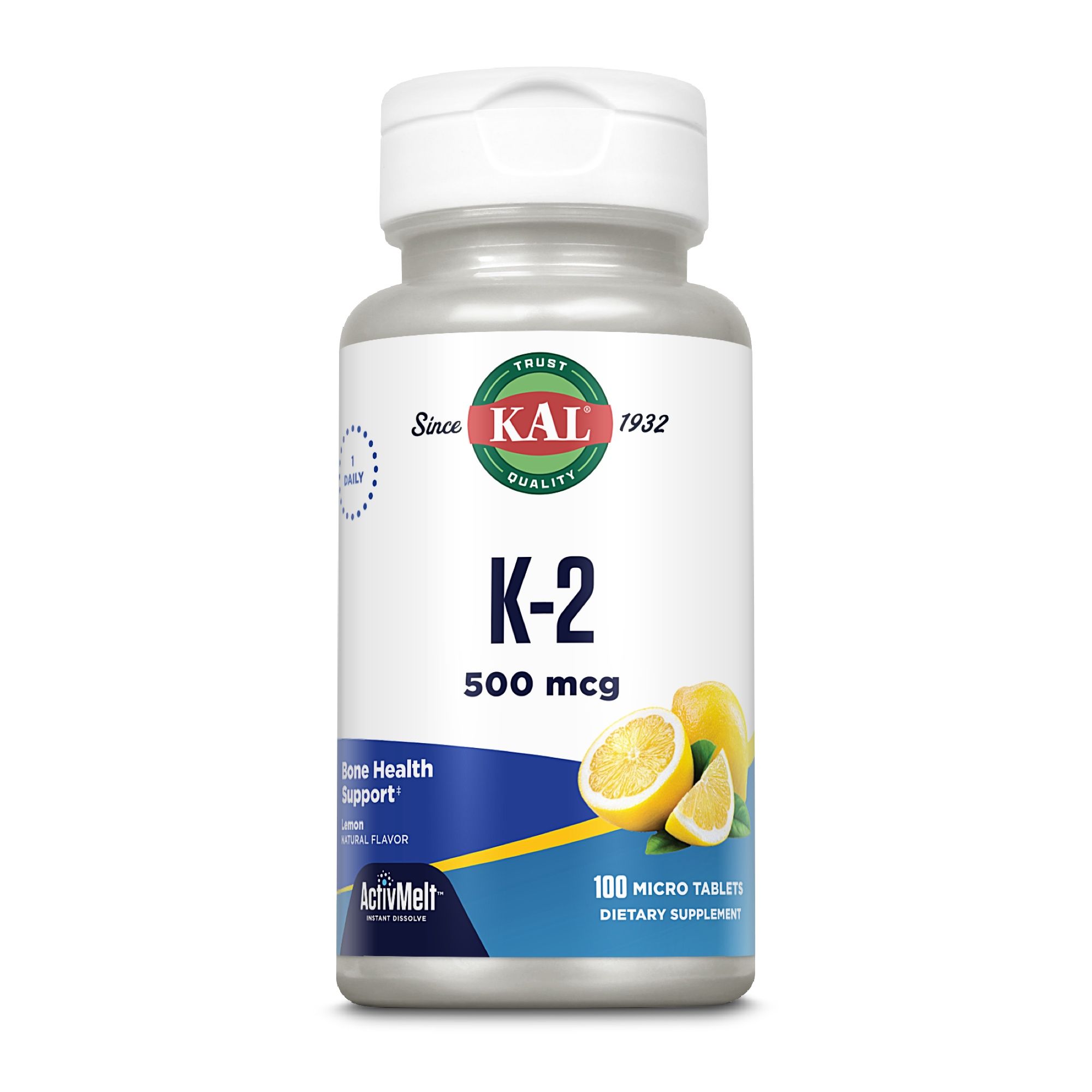 KAL K-2 500 mcg ActivMelt. Weiße Flasche mit gelbem Etikett. 100 Micro Tablets. Zitrone. Knochengesundheit. Dietary Supplement.