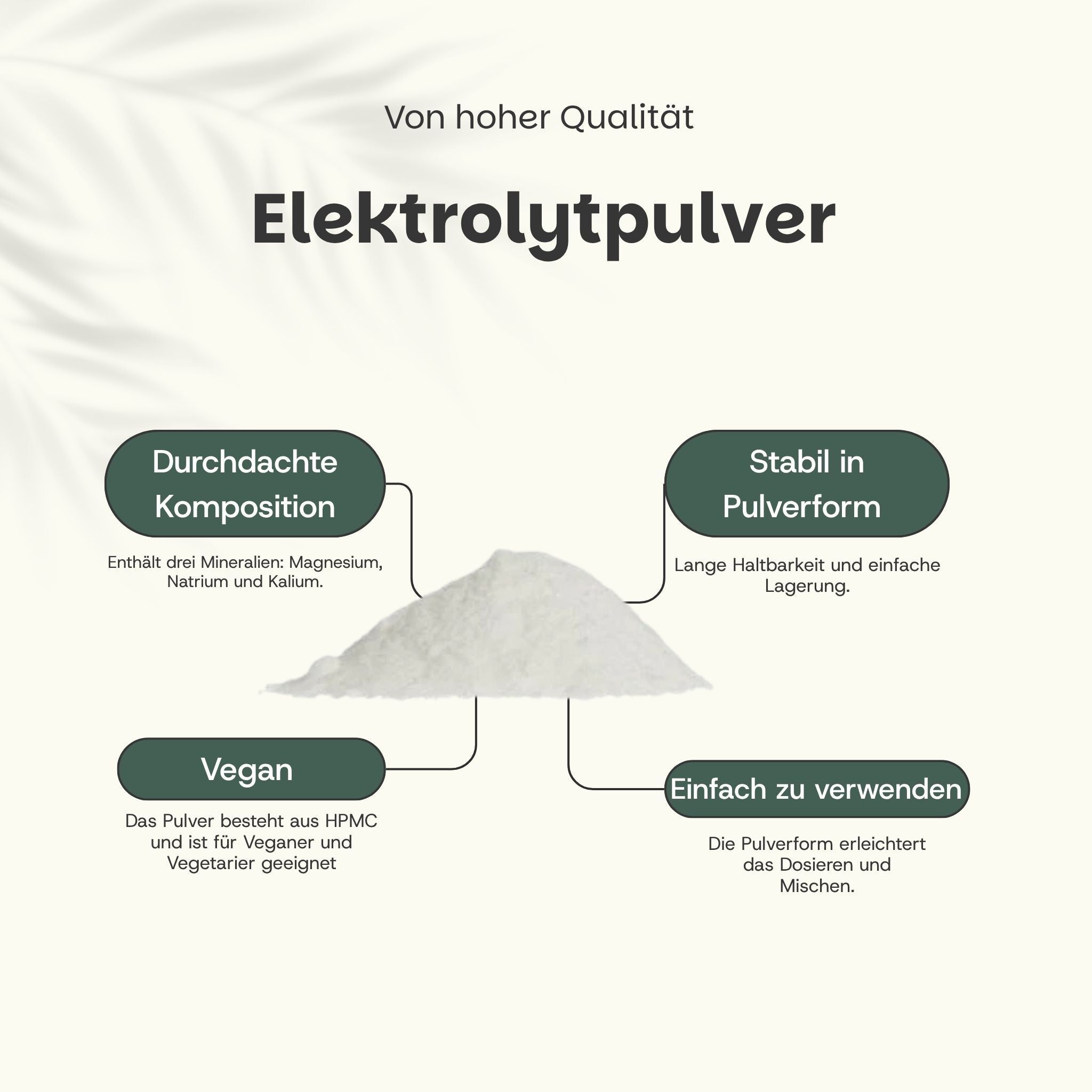 Grafik mit Elektrolytpulver. Text: Durchdachte Komposition, Vegan, Stabil in Pulverform, Einfach zu verwenden.