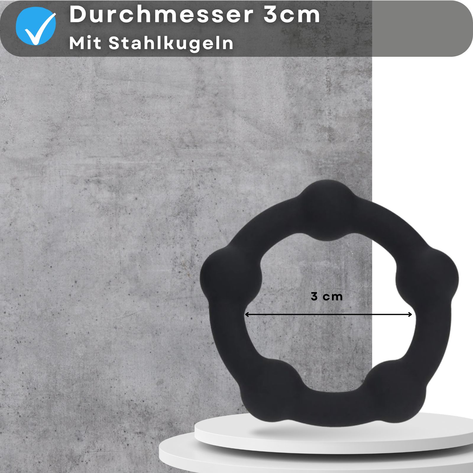 Schwarzer Penisring. Durchmesser 3cm. Text: Durchmesser 3cm, mit Stahlkugeln.