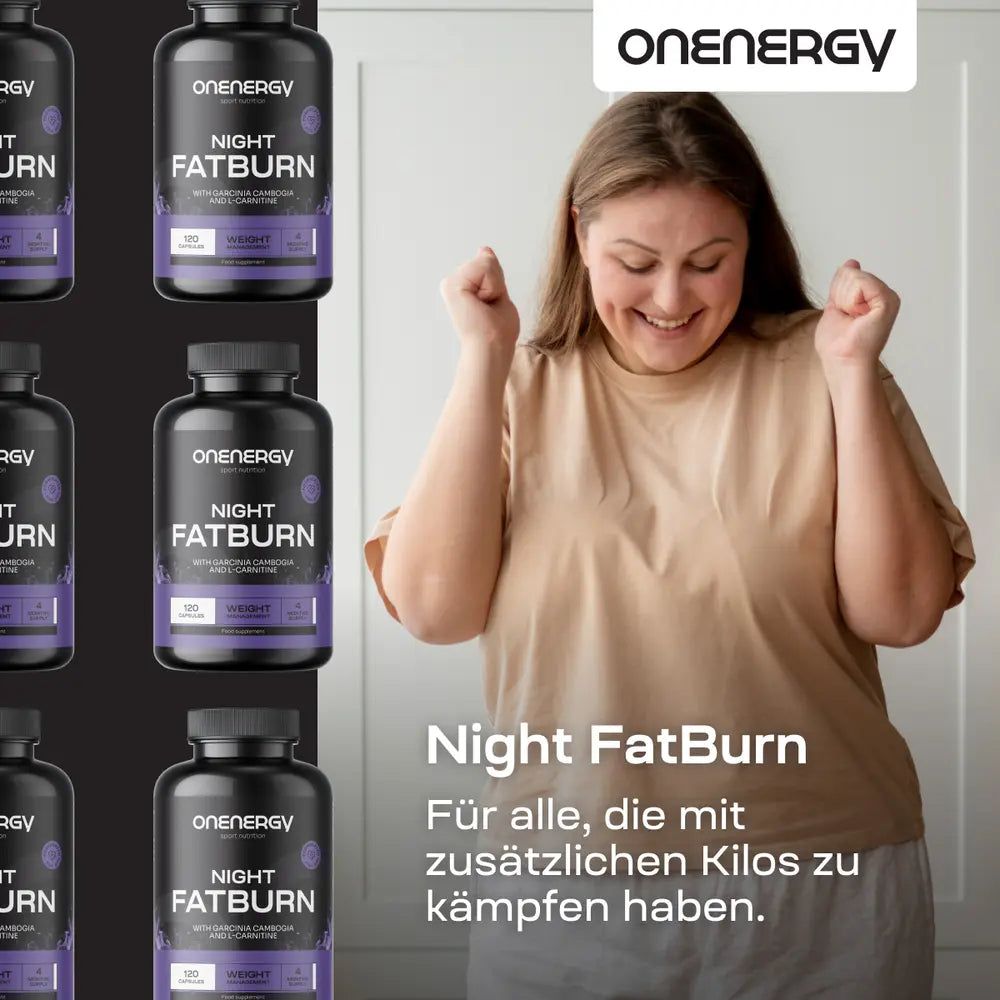 Drei Dosen OnEnergy Night FatBurn auf lila Hintergrund mit verstreuten Kapseln.
