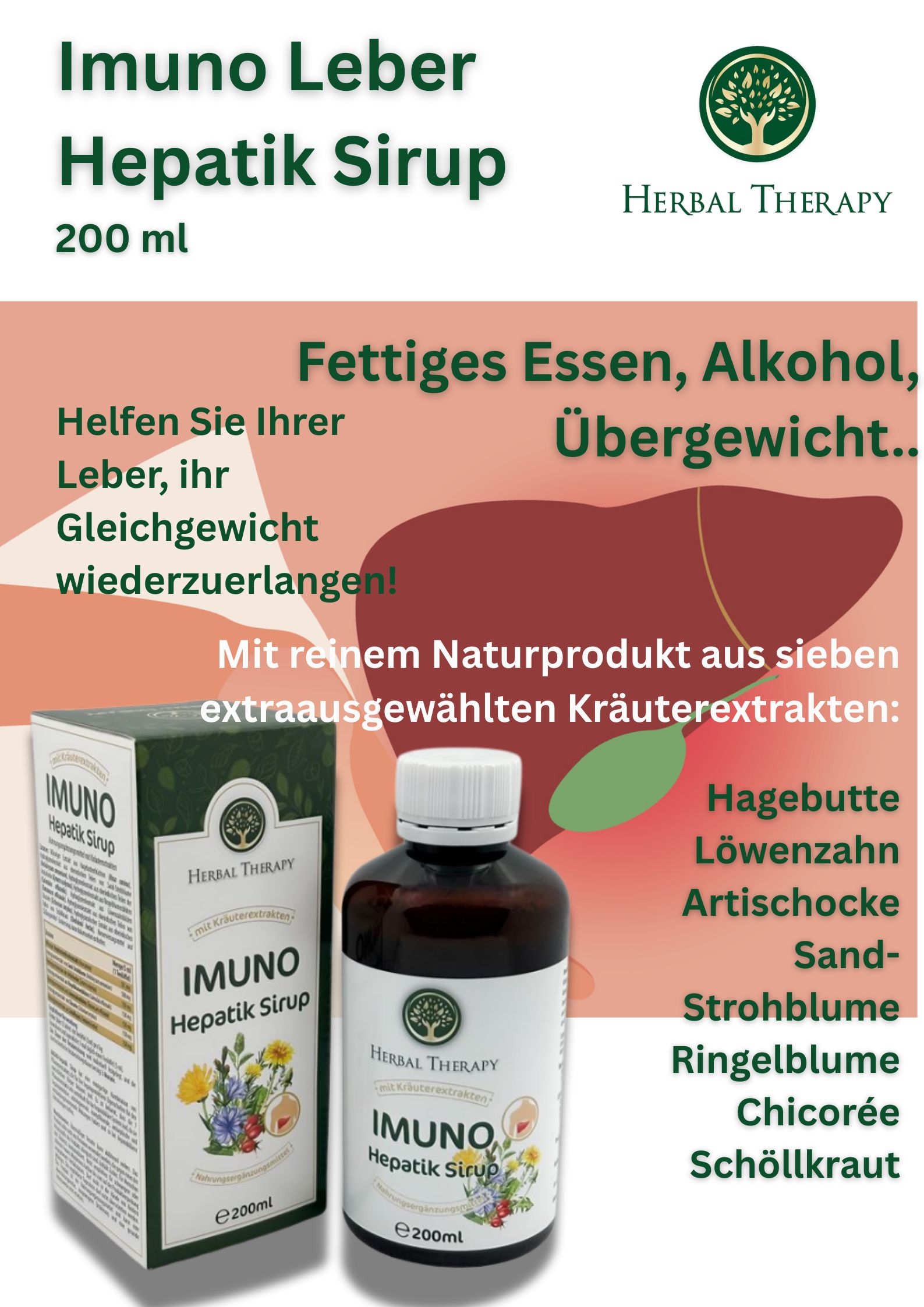 Produkt mit Flasche und Schachtel. Aufschrift: IMUNO Hepatik Sirup. 200 ml. Herbal Therapy. Mit Kräutern.