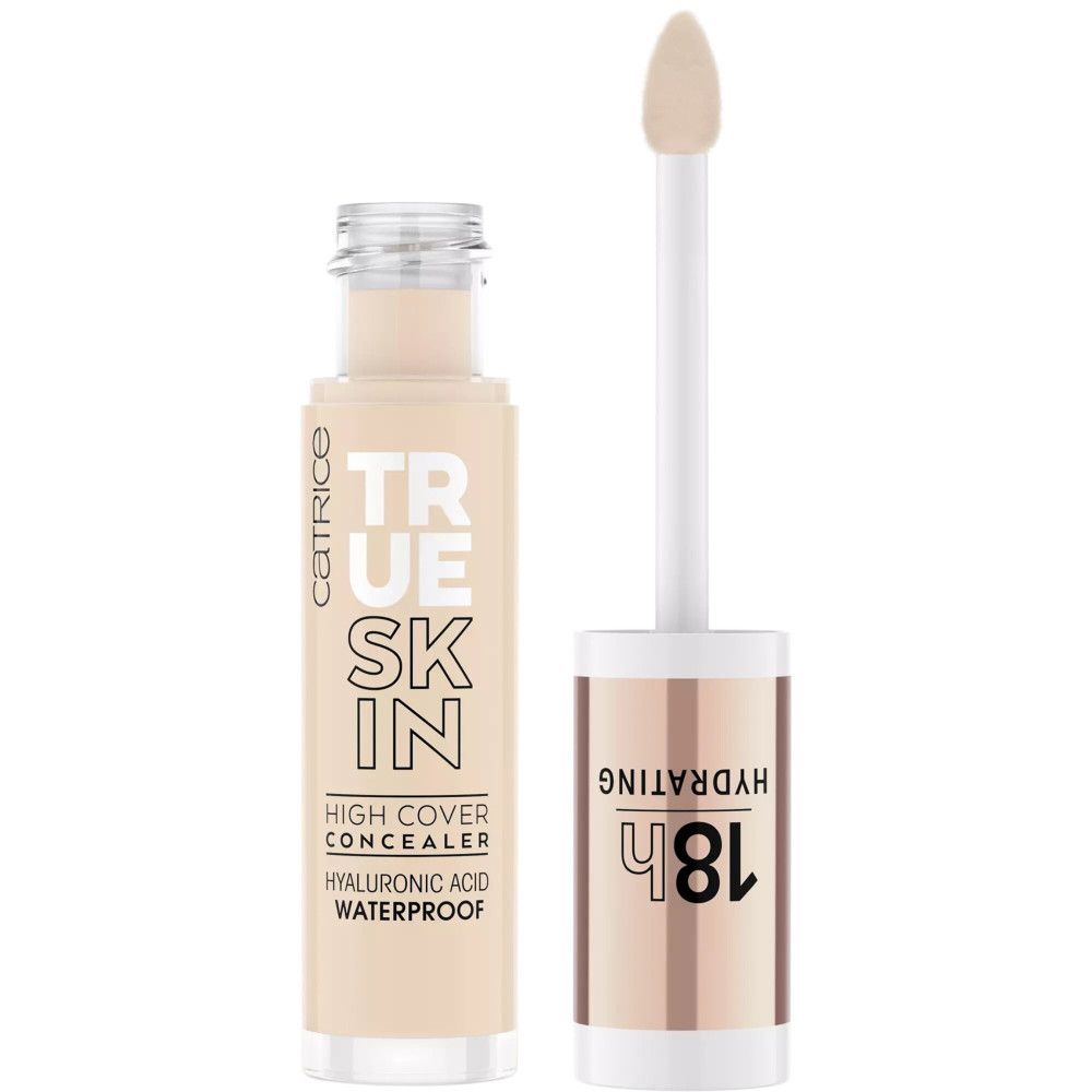 Catrice True Skin Concealer, Flasche mit Applikator. Text: True Skin, High Cover, Hyaluronsäure, Waterproof, 18h Hydrating.
