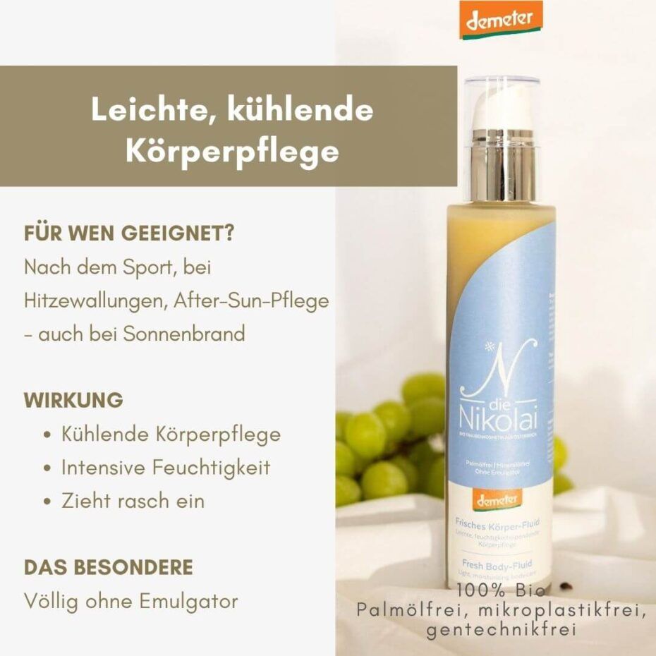 Körperfluid-Flasche mit Pumpe. Blaue und gelbe Flüssigkeit. Text: Leichte, kühlende Körperpflege. Demeter-Logo.