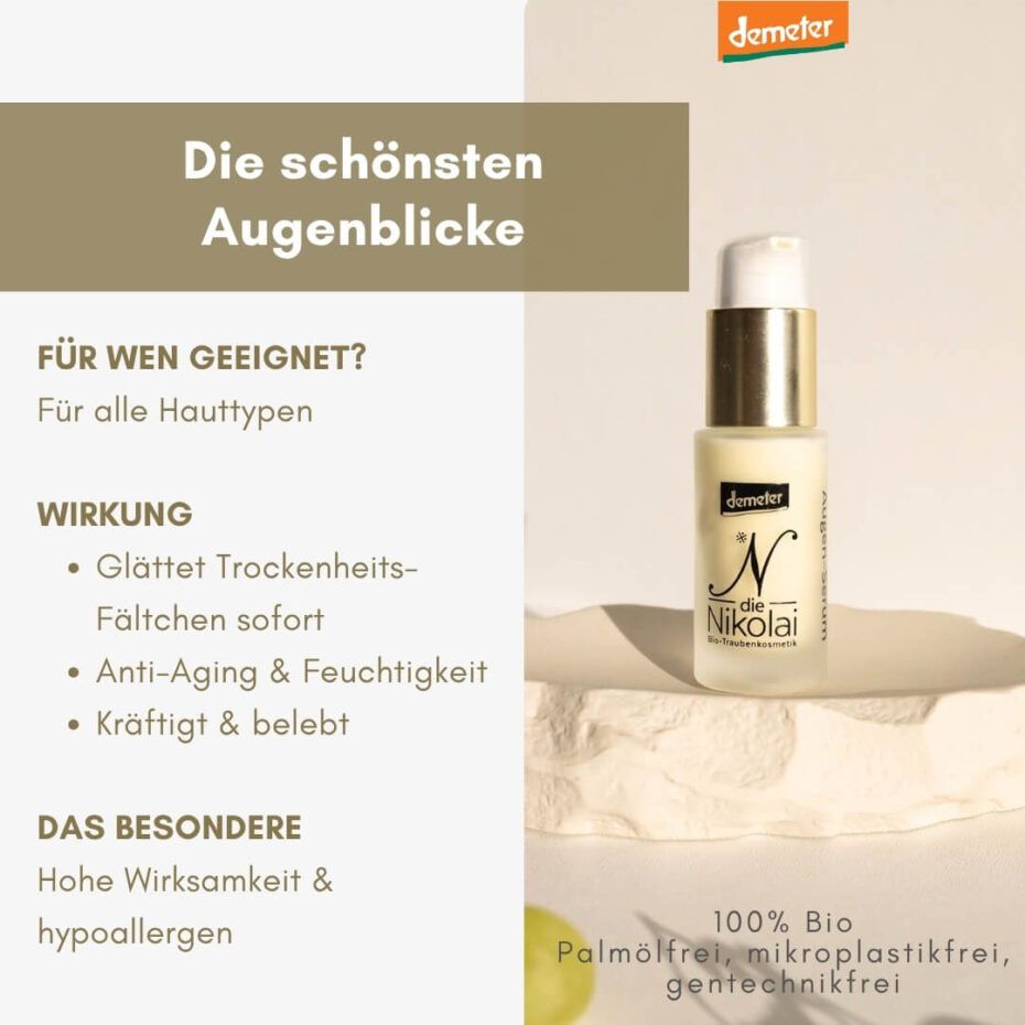 Serumflasche mit goldfarbenem Verschluss. Demeter-Logo. Text: N die Nikolai, 100% Bio, Palmölfrei, mikroplastikfrei, gentechnikfrei.