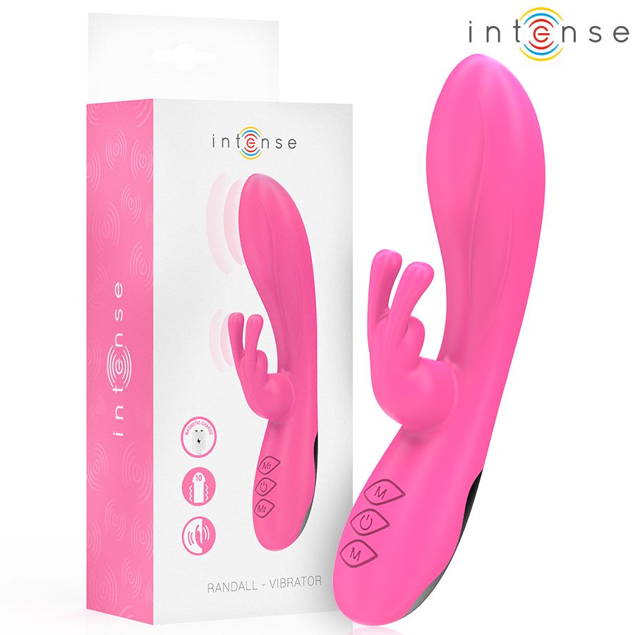 Pinker Randall Rabbit Vibrator neben seiner Verpackung. Die Verpackung zeigt Produktabbildungen und Symbole.
