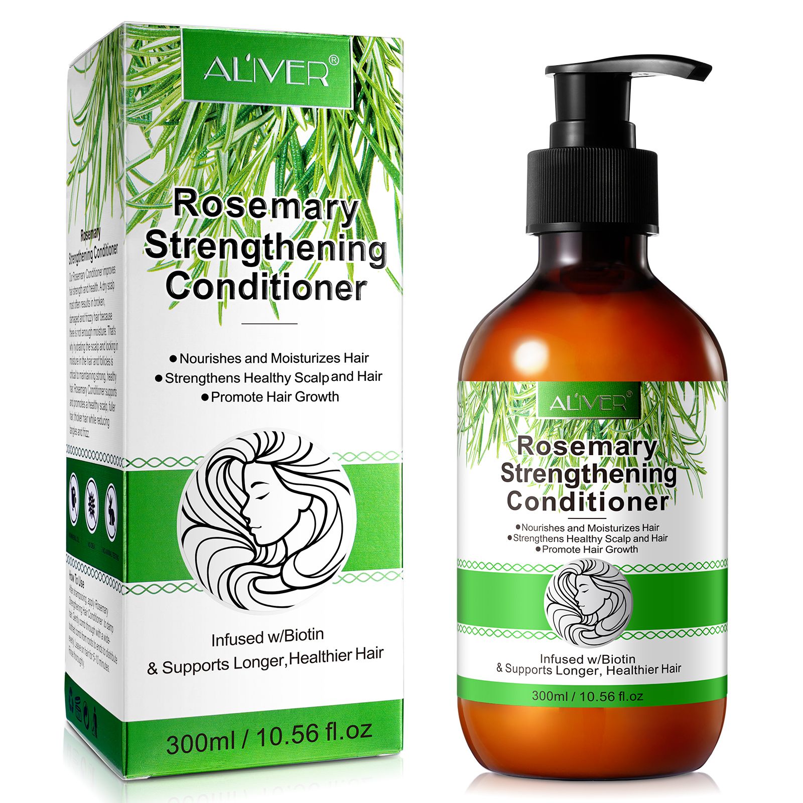 ALIVER Haarspülung mit Rosmarinöl. Flasche und Verpackung mit Produktinformationen und Rosmarinzweigen.