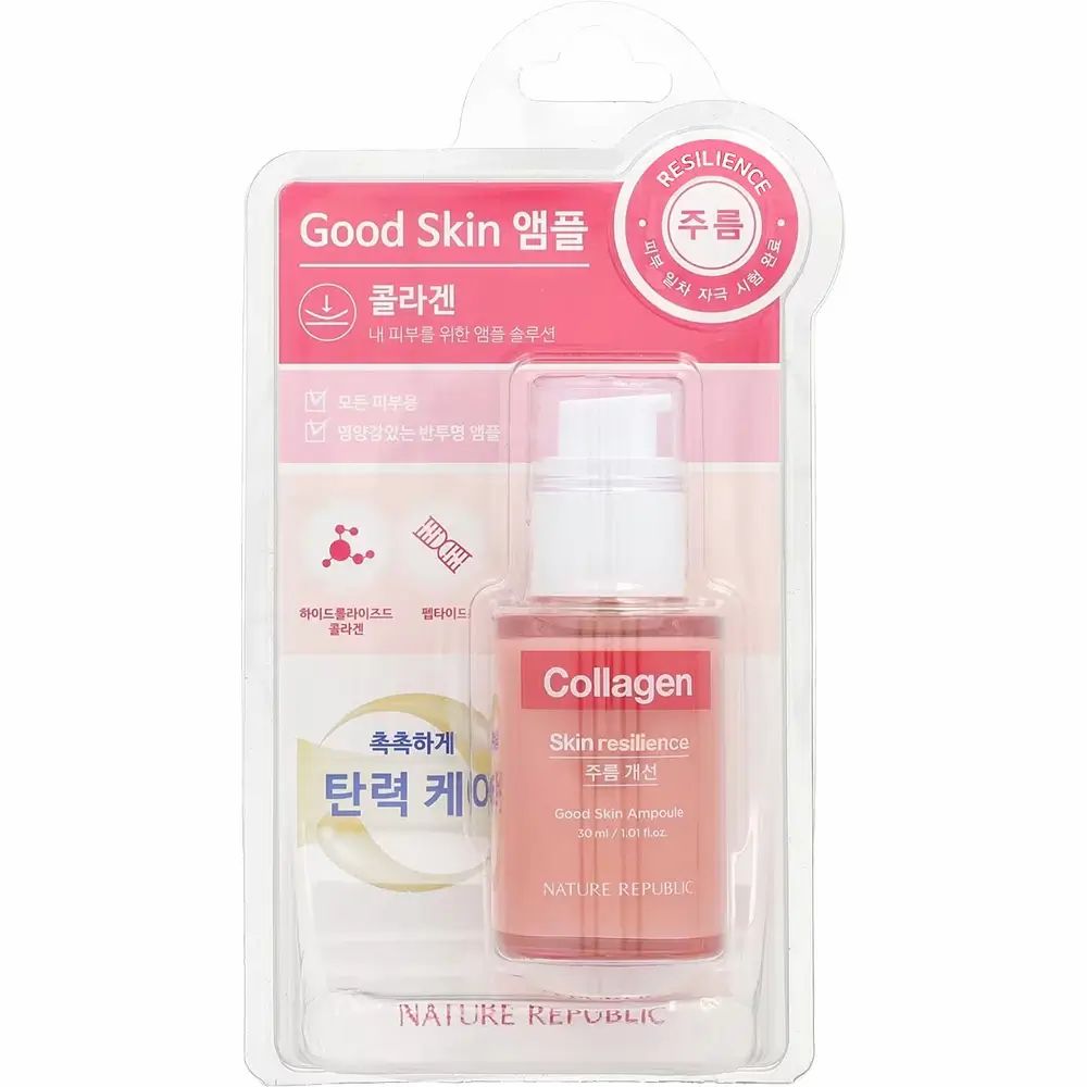 Produkt in Blisterverpackung. Rosa Flasche mit weißem Pumpverschluss. Aufschrift "Collagen Skin resilience" und "NATURE REPUBLIC".