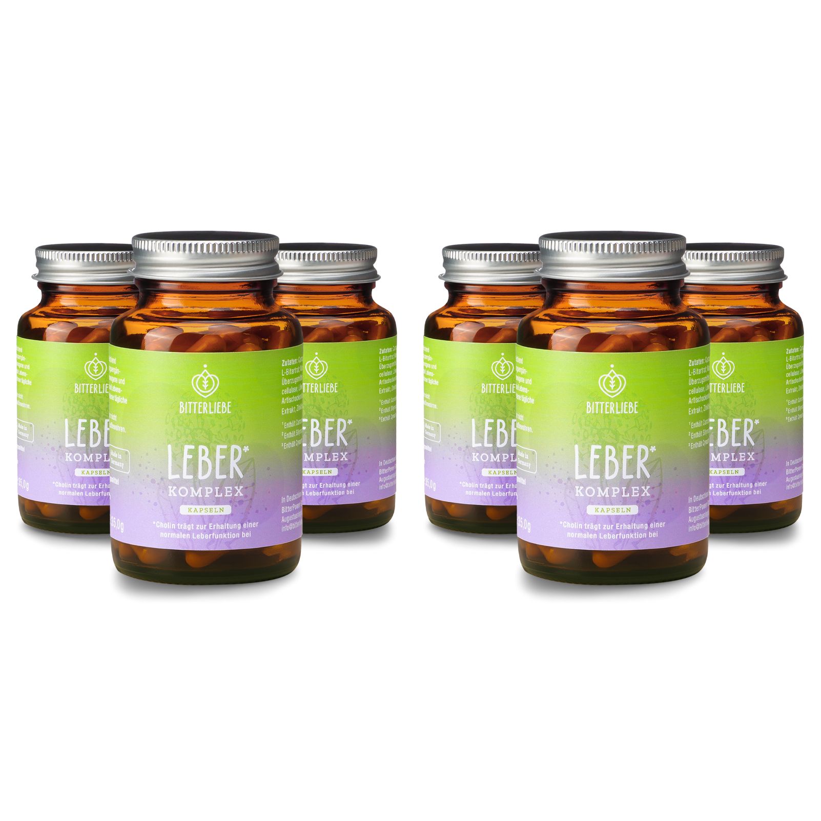 Sechs braune Glasflaschen mit Kapseln. Etikett mit Schriftzug Leber Komplex. Deckel aus Metall.
