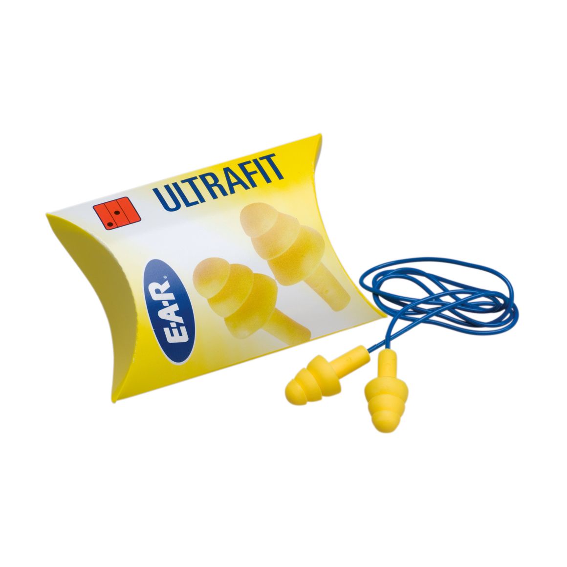 Gelbe Gehörschutzstöpsel mit Kordel. 3M E-A-R UltraFit. Verpackung: gelb, blau. Aufdruck: UltraFit, E-A-R.