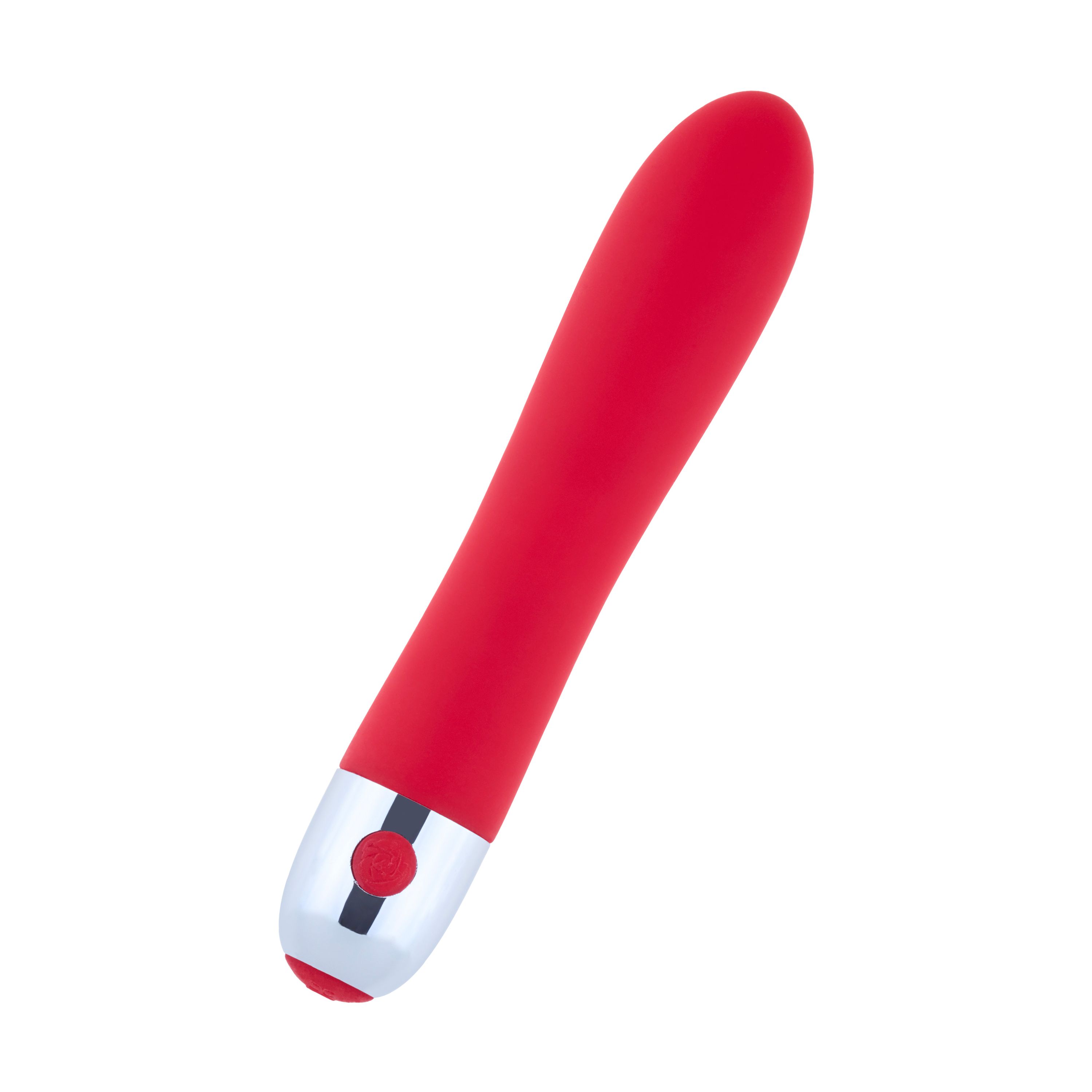 Roter Vibrator mit silberfarbenem Kopf und rotem Knopf. Glatte Oberfläche, ergonomische Form.