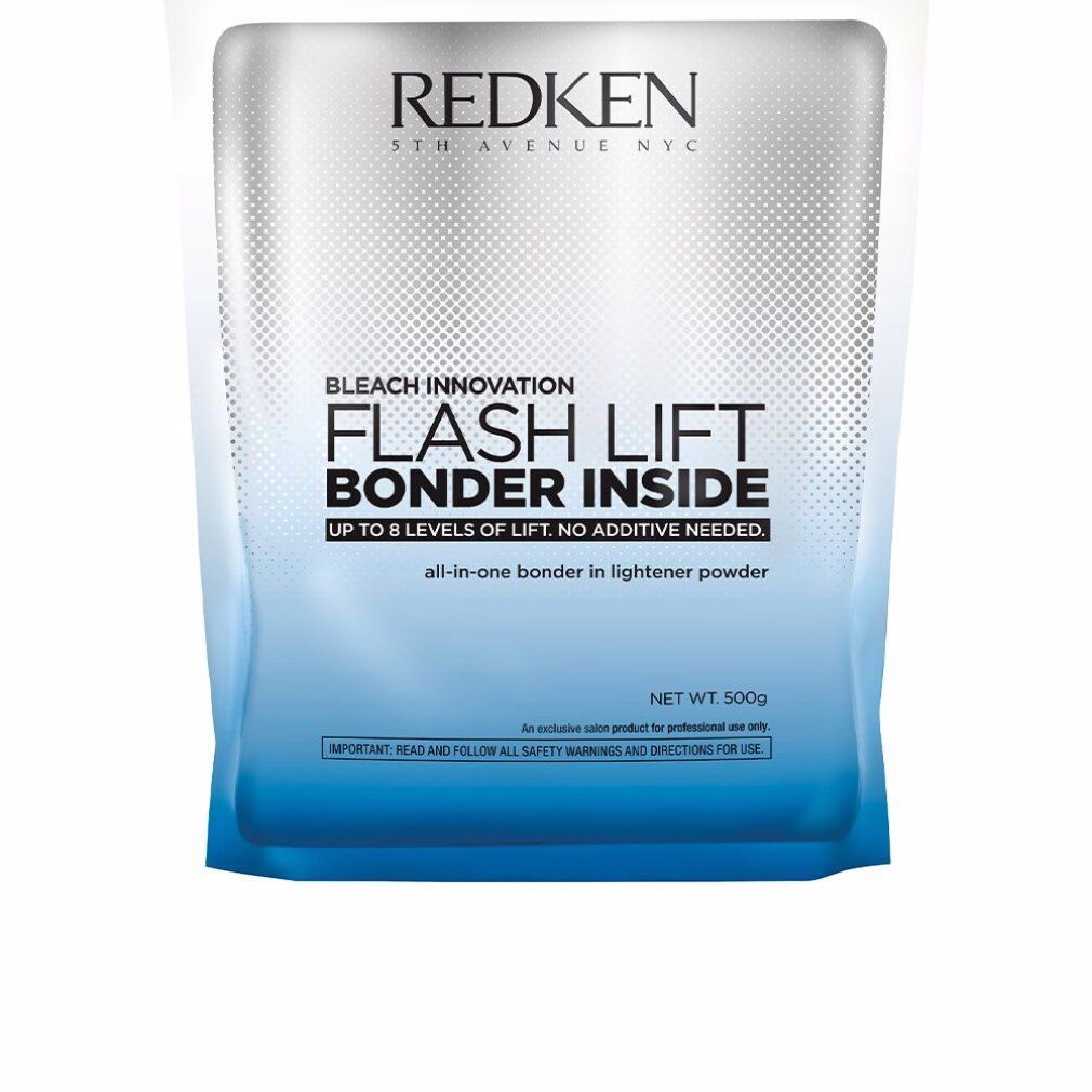 Redken Flash Lift Bonder Inside. Beutel mit Produktinformationen. Text: Flash Lift Bonder Inside, bis zu 8 Stufen Aufhellung, kein Zusatz erforderlich.