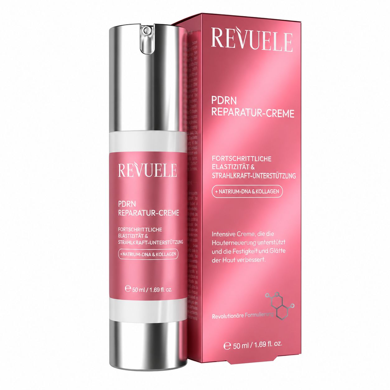 Revuele PDRN Reparatur-Creme in silberner und pinker Flasche mit Pumpspender, 50 ml.