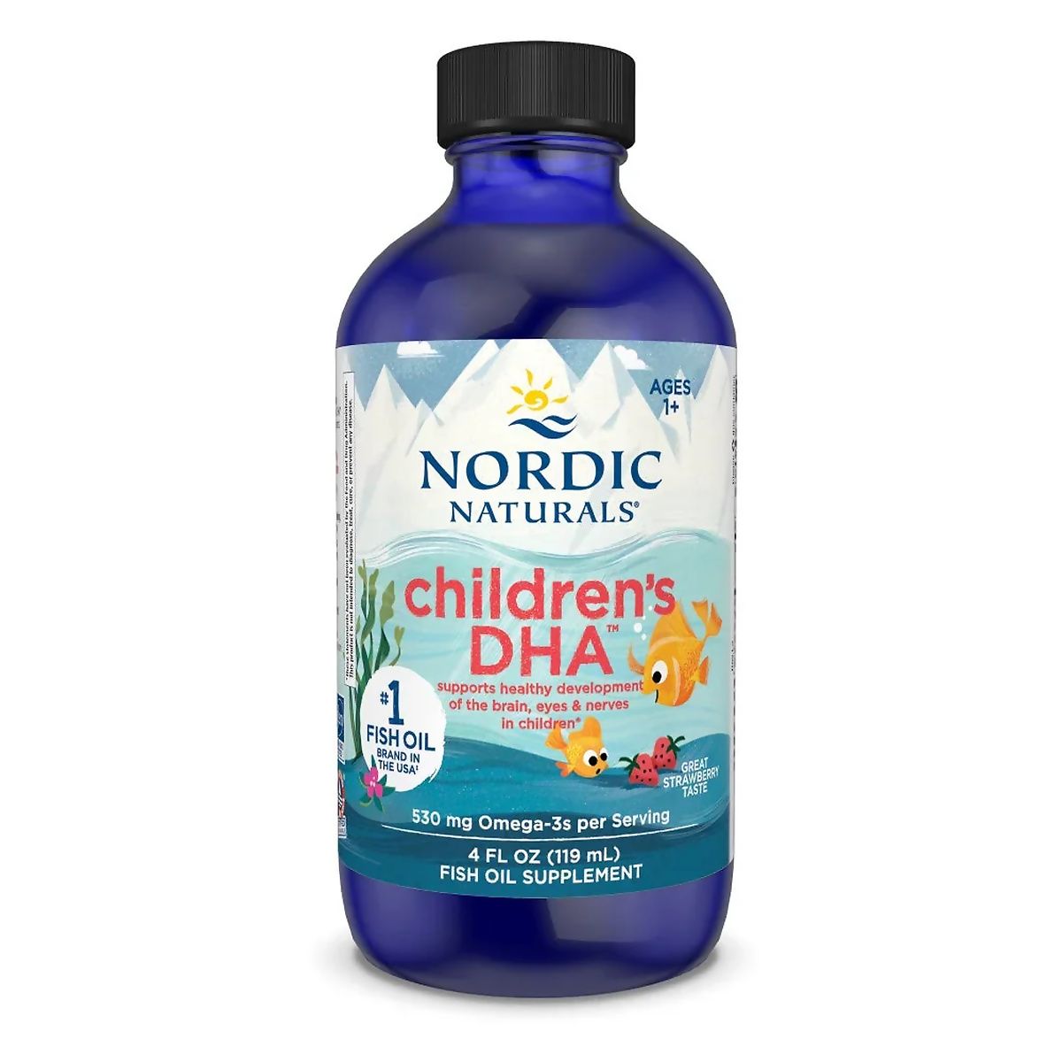Vorderseite einer Flasche NORDIC NATURALS DHA für Kinder, 119 ml, mit Fisch- und Beerenabbildungen.