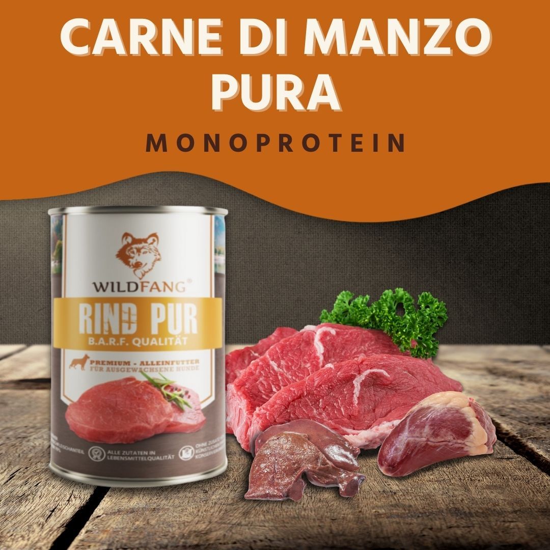 Dose Nassfutter Rind pur mit rohem Rindfleisch und Kräutern.