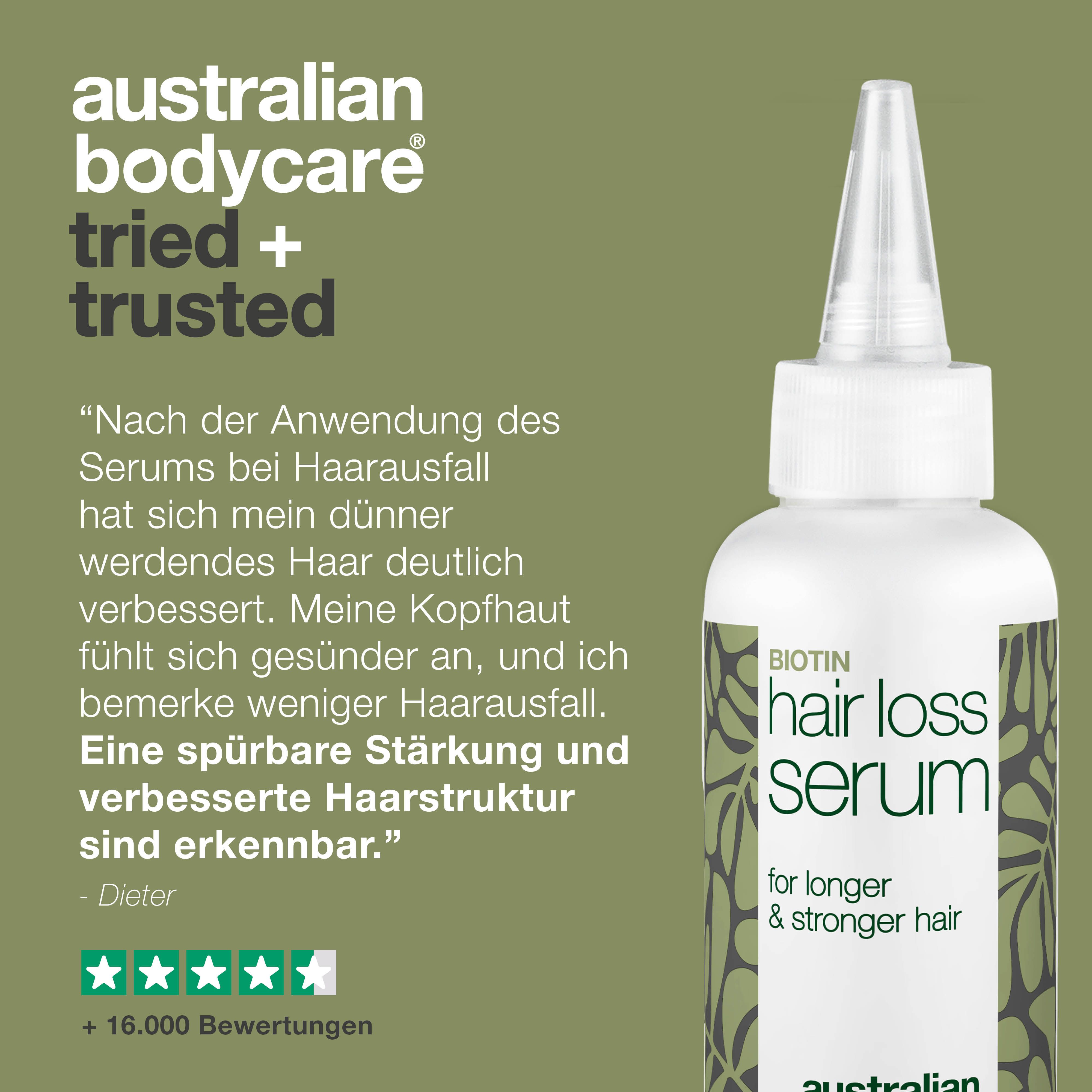 Serum-Flasche mit Aufschrift "Hair Loss Serum". Marke: Australian Bodycare. Text: Tried + Trusted.