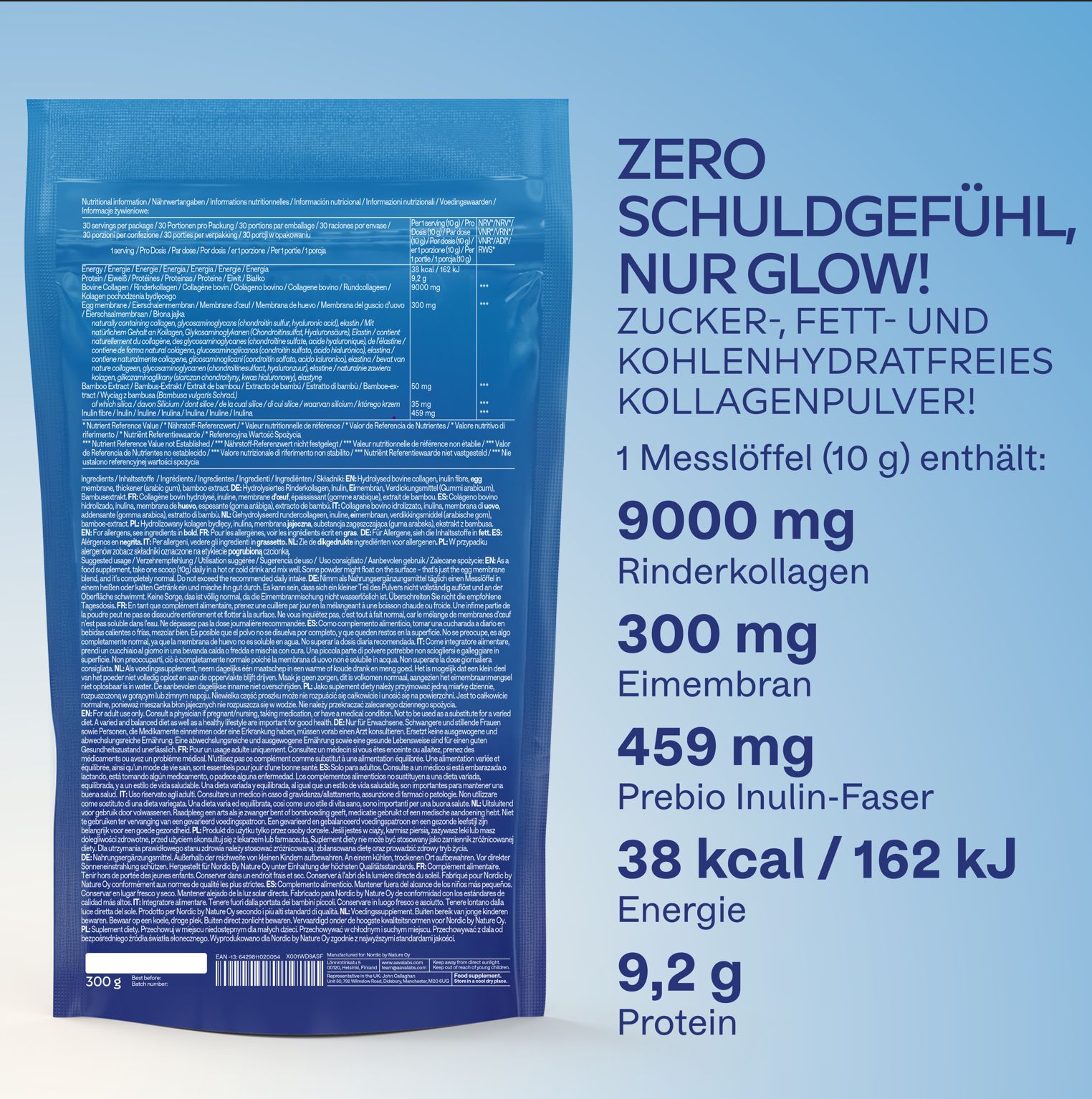 Rückseite der blauen Verpackung. Text: Nährwertangaben, Inhaltsstoffe, 9000 mg Kollagen, 300 mg Eimembran.