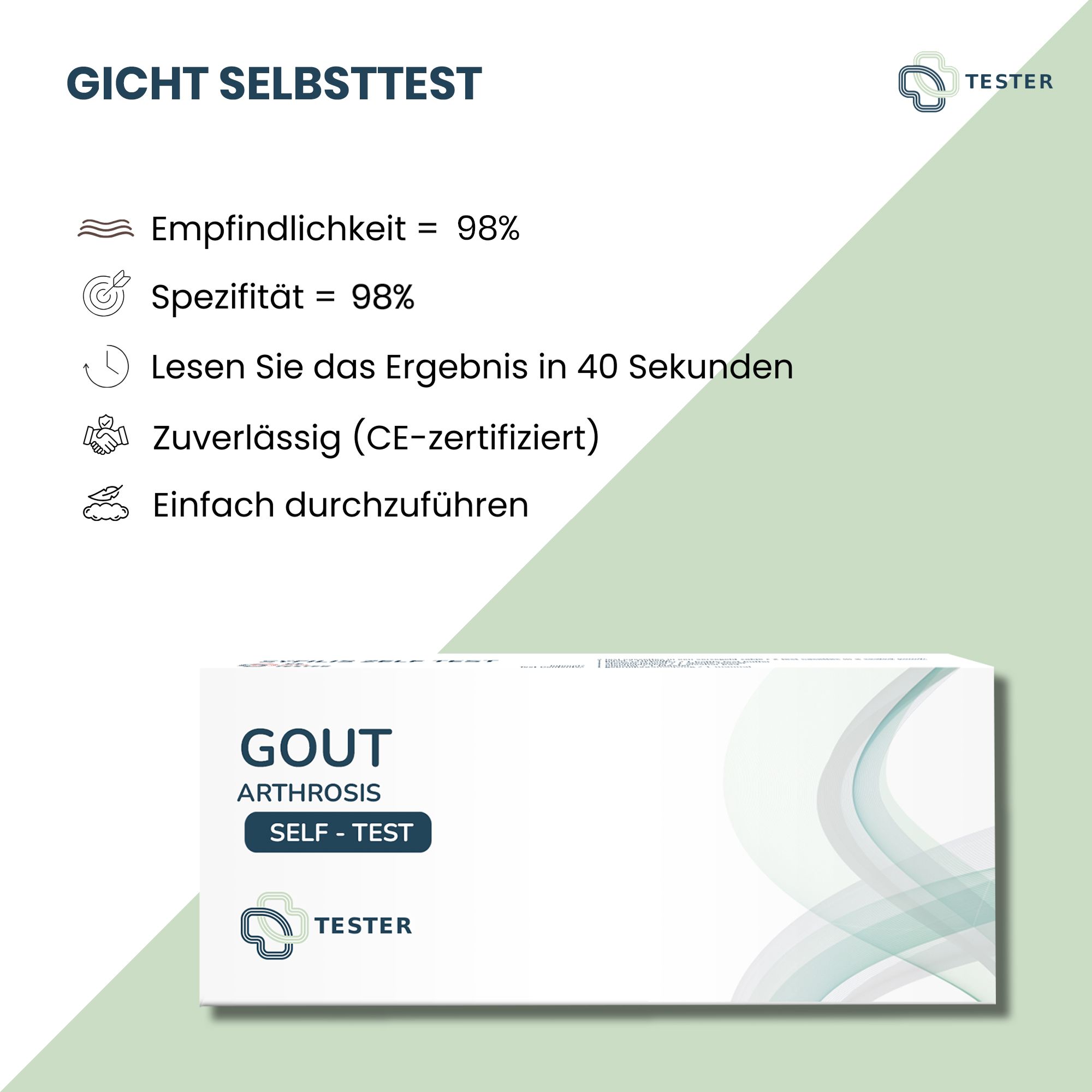 Text mit Informationen zum Gicht Selbsttest. Box mit Logo Tester.