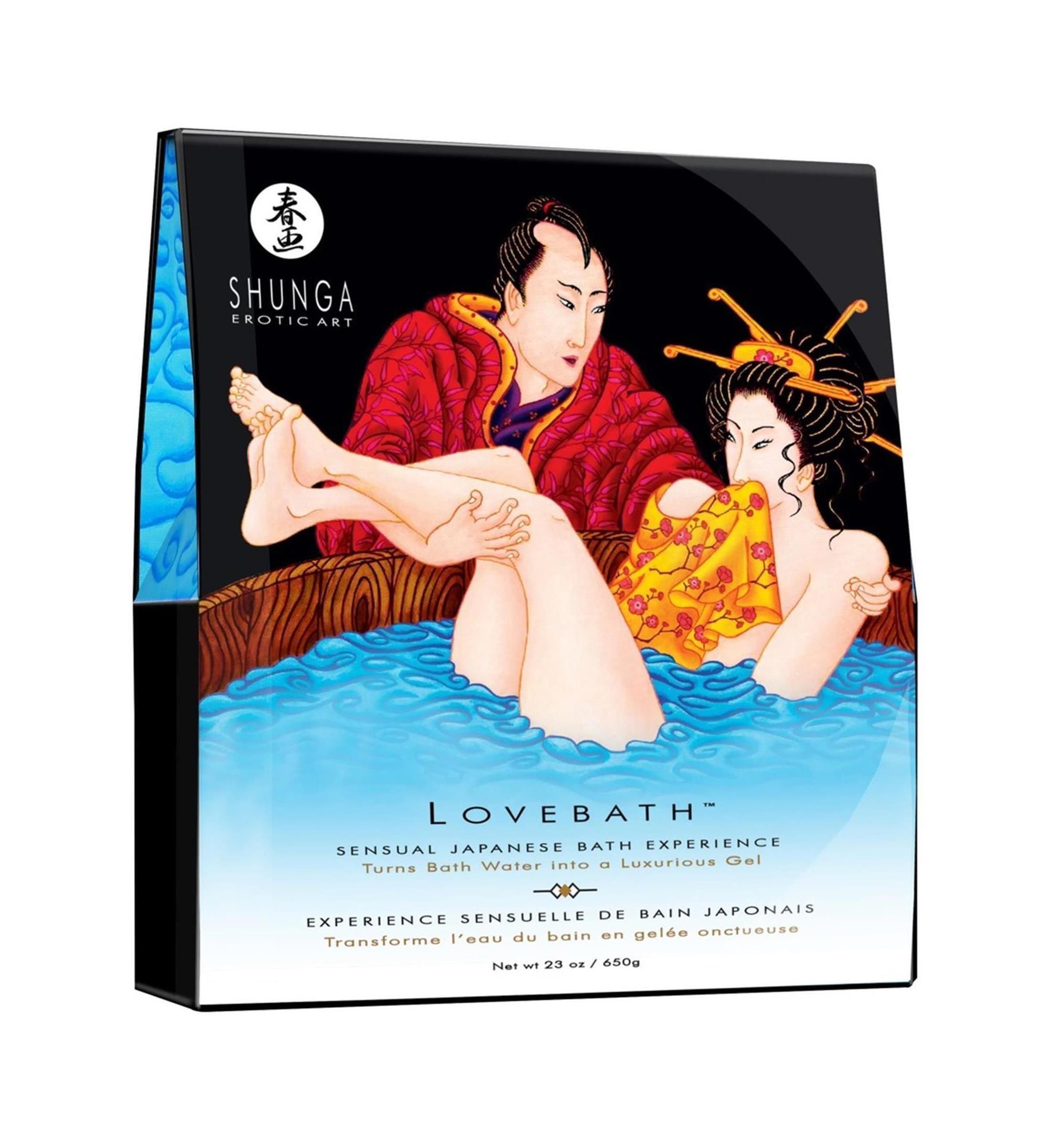 Verpackung mit Illustration eines Paares in einer Badewanne. Text: LOVEBATH, japanische sinnliche Badeerfahrung. Marke: SHUNGA.