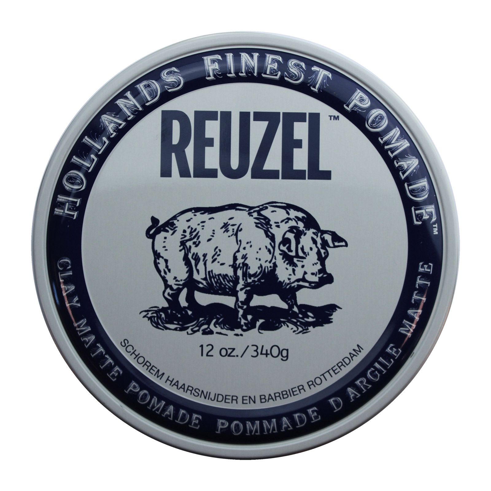 Reuzel Clay Matte Pomade Dose mit Schweineabbildung und Text.