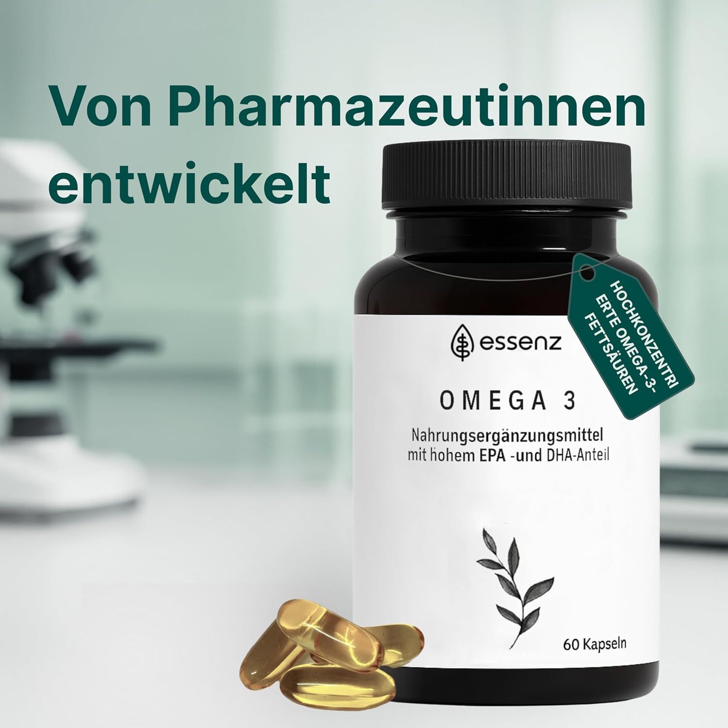 Braune Flasche ESSENZ Omega 3 Kapseln, daneben Kapseln. Text: Von Pharmazeutinnen entwickelt. Anhänger: Hochkonzentrierte Omega-3-Fettsäuren.