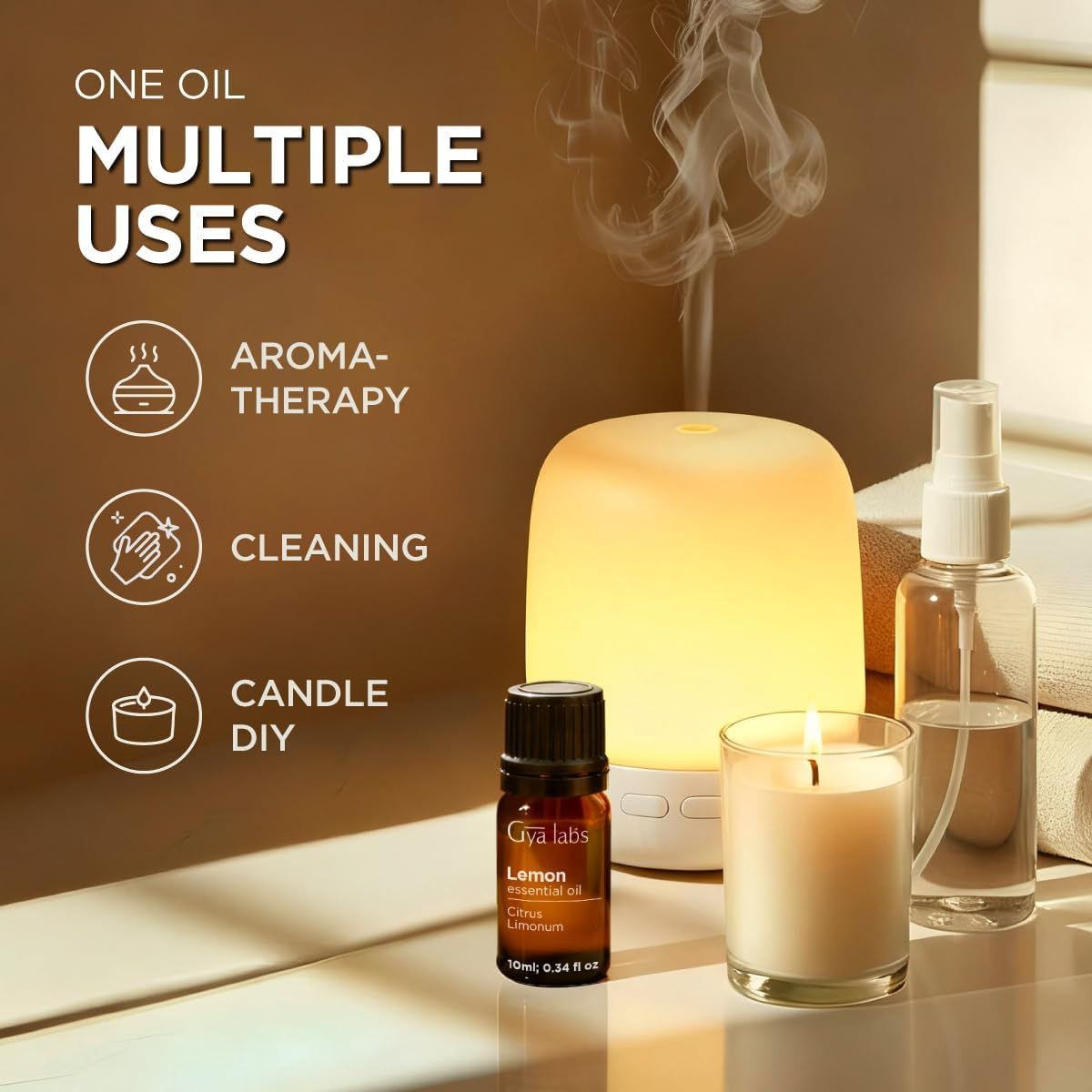 Ein Diffusor, eine Kerze, eine Sprühflasche und eine Flasche ätherisches Öl stehen auf einer Oberfläche. Text: "Eine Öl, mehrere Anwendungen".