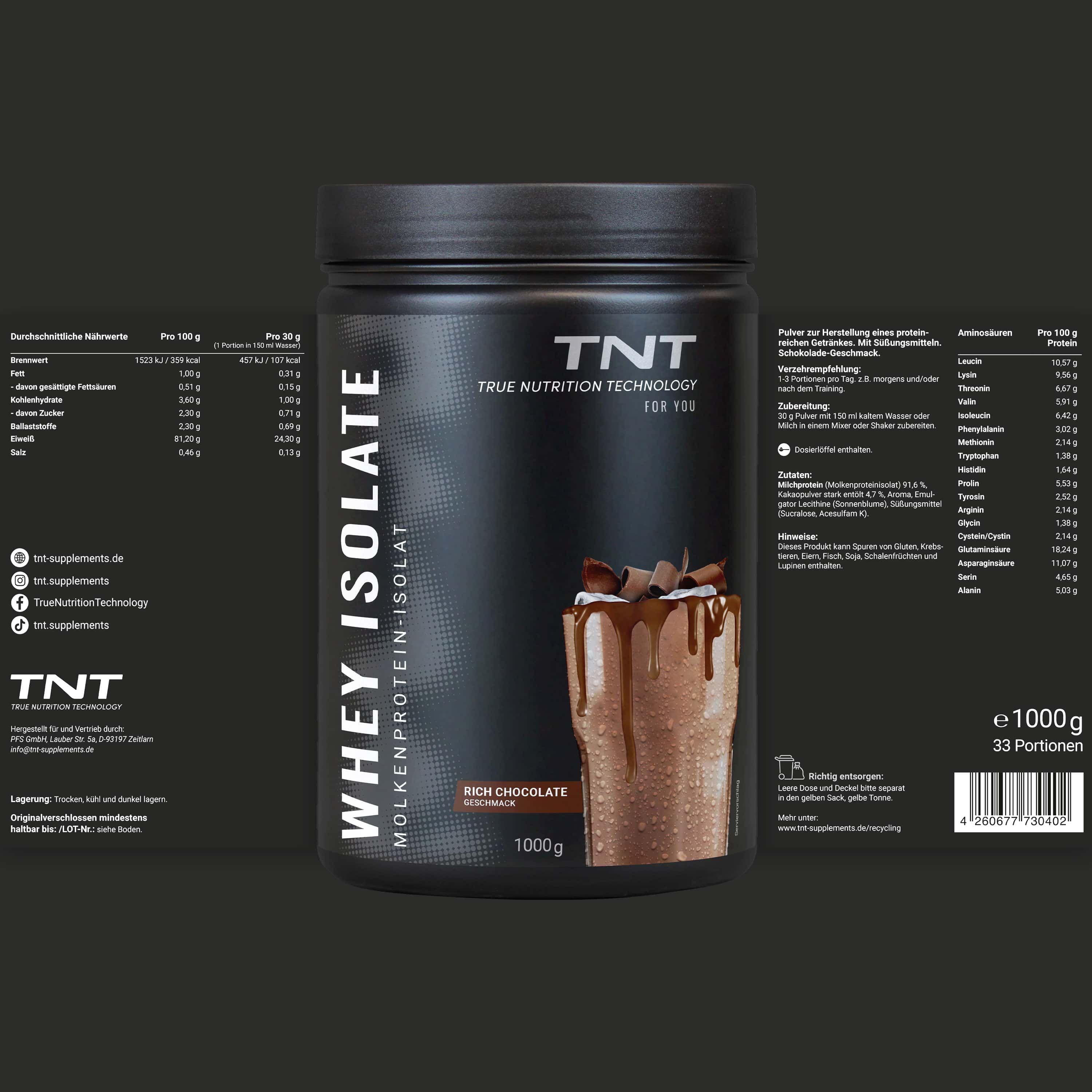 Dose TNT Whey Isolate, 1000g, Rich Chocolate. Nährwertangaben auf Etiketten. Text: 33 Portionen. Logo: TNT True Nutrition Technology.