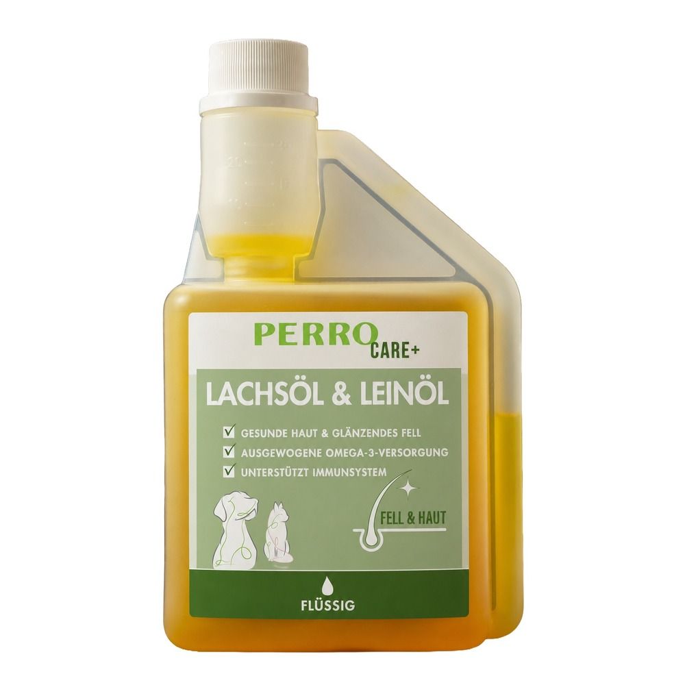 PERRO CARE+ Lachsöl & Leinoel Flüssig in einer transparenten Flasche mit weißem Verschluss. Gelbes Öl.