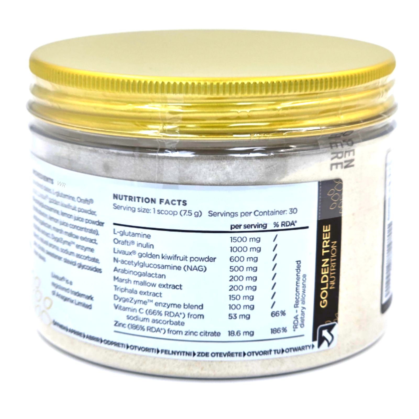 Rückseite des Gut Restore-Behälters. Zutatenliste, Nährwertangaben. Golden Tree Nutrition Logo. Goldener Deckel, weißes Pulver.