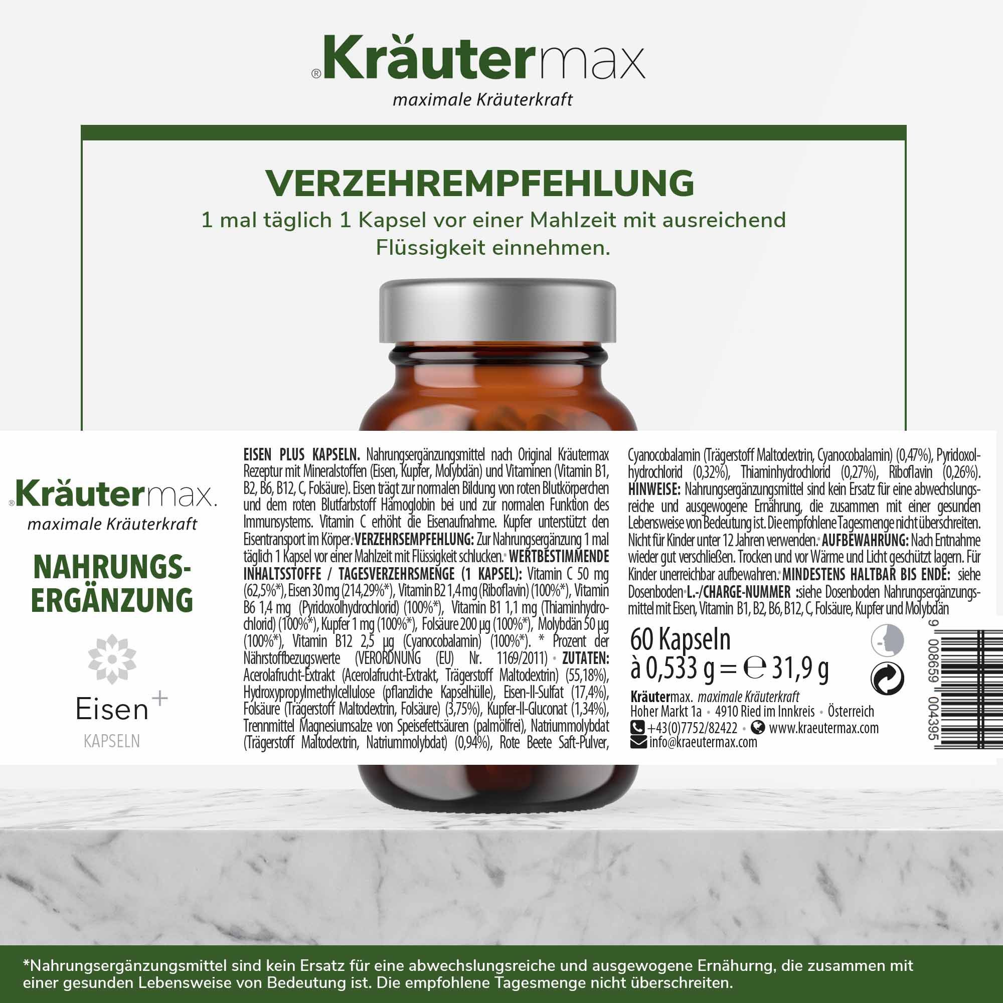 Kräutermax Eisen 30 mg plus Vitamine Kapseln