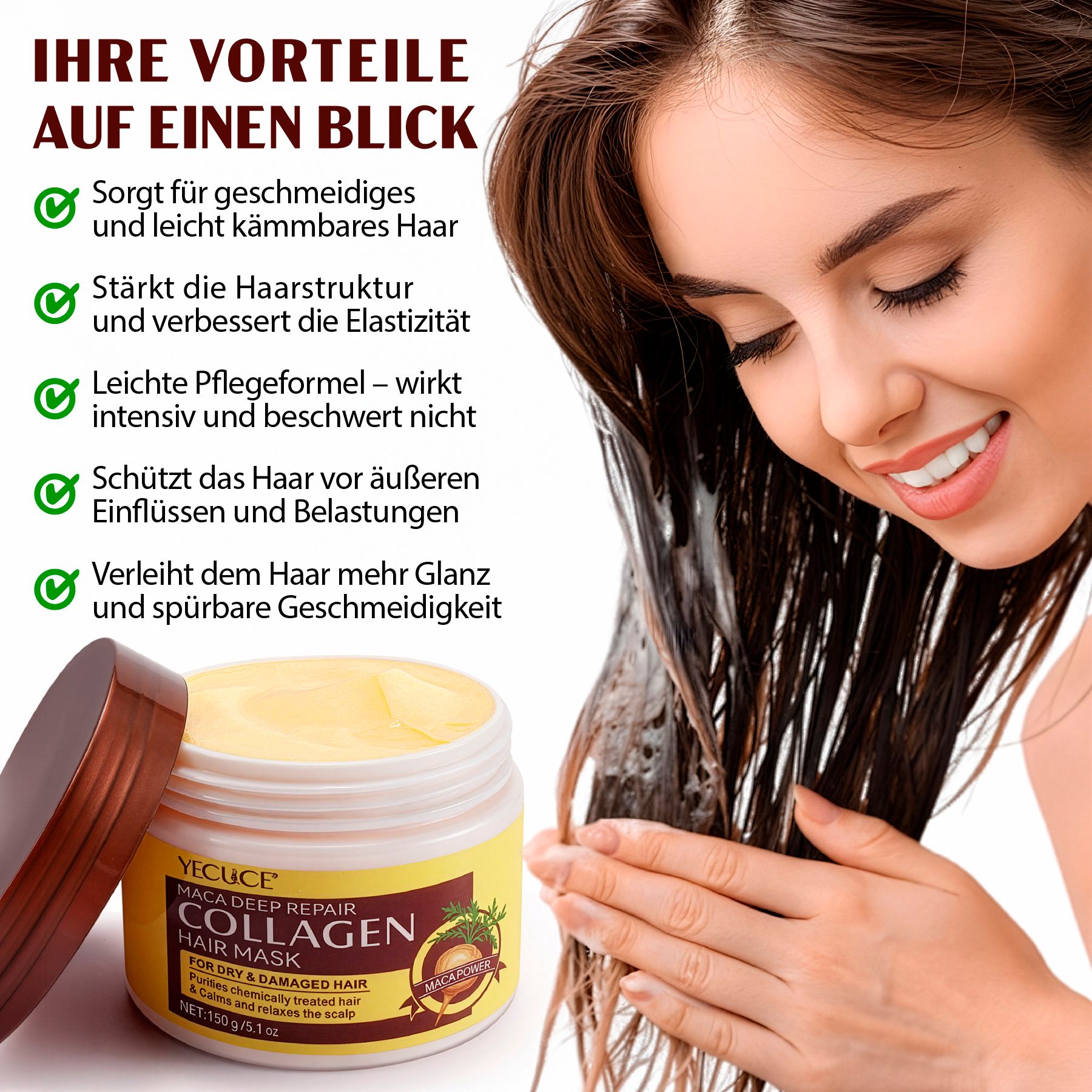 Frau mit langen Haaren, die die Haarmaske verwendet. Geöffneter Tiegel mit gelbem Produkt. Text: MACA DEEP REPAIR COLLAGEN HAIR MASK.