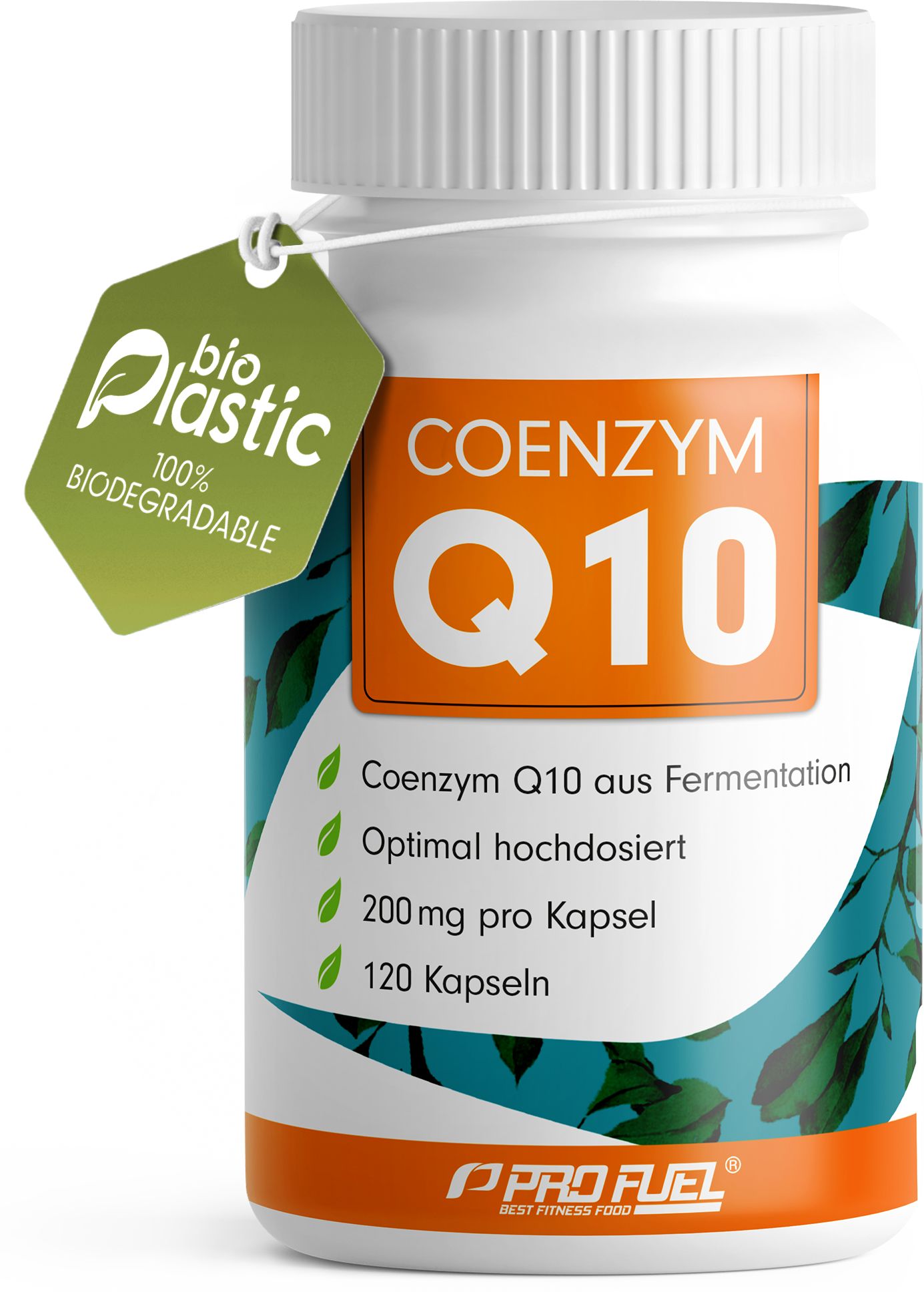 Weiße Flasche mit Kapseln. Aufschrift: Coenzym Q10, 200mg pro Kapsel, 120 Kapseln. Grünes Etikett: bioPlastic, 100% biodegradable.