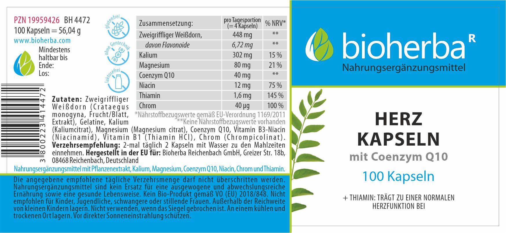 Etikett mit Inhaltsstoffen und Nährwertangaben. Bioherba Herz Kapseln, 100 Kapseln. Text in Deutsch.