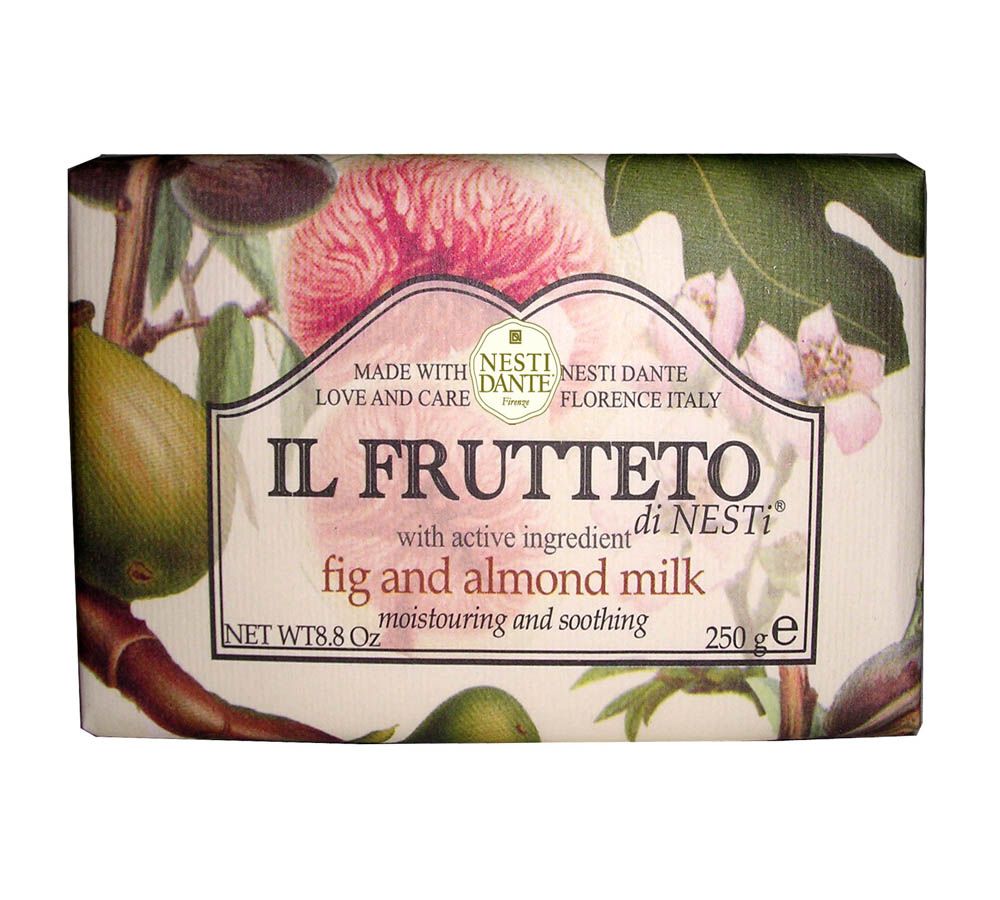 Seife mit floralem Design. Aufschrift: Il Frutteto, Feige und Mandelmilch. 250g. Marke: Nesti Dante.
