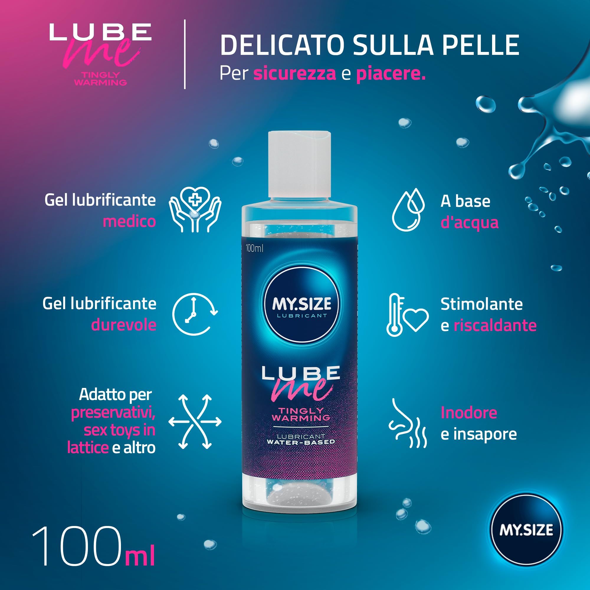 MY.SIZE Lube Me Tingly Warming Gleitgel, 100ml Flasche, mit Icons für Eigenschaften.