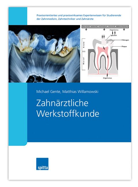 Buchcover: Zahnärztliche Werkstoffkunde. Titel in Weiß auf blauem Hintergrund. Oben rechts: Zahn-Diagramm. Unten: Logo spitta.