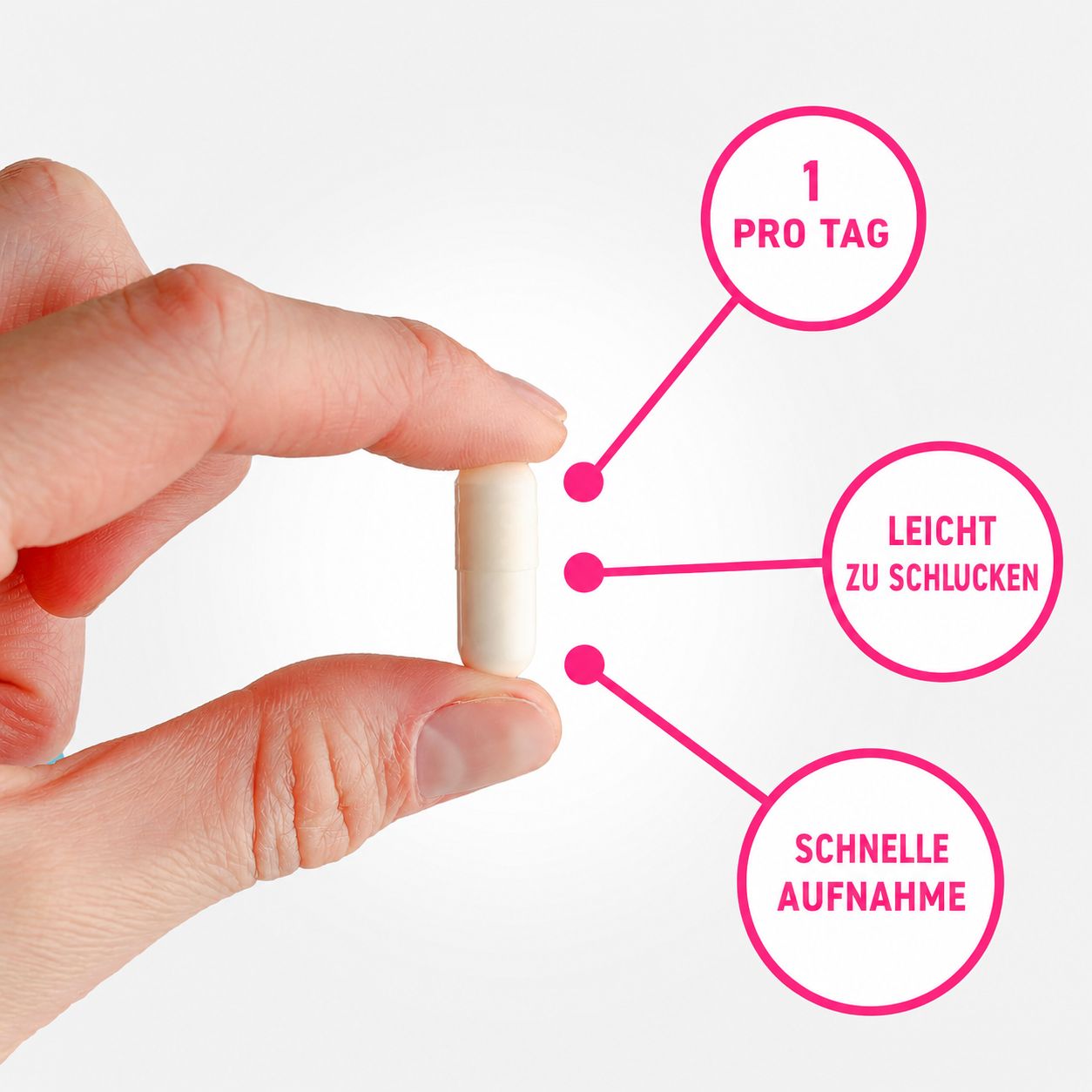 Eine Hand hält eine Zinkkapsel mit Hinweisen zu Dosierung und Aufnahme.