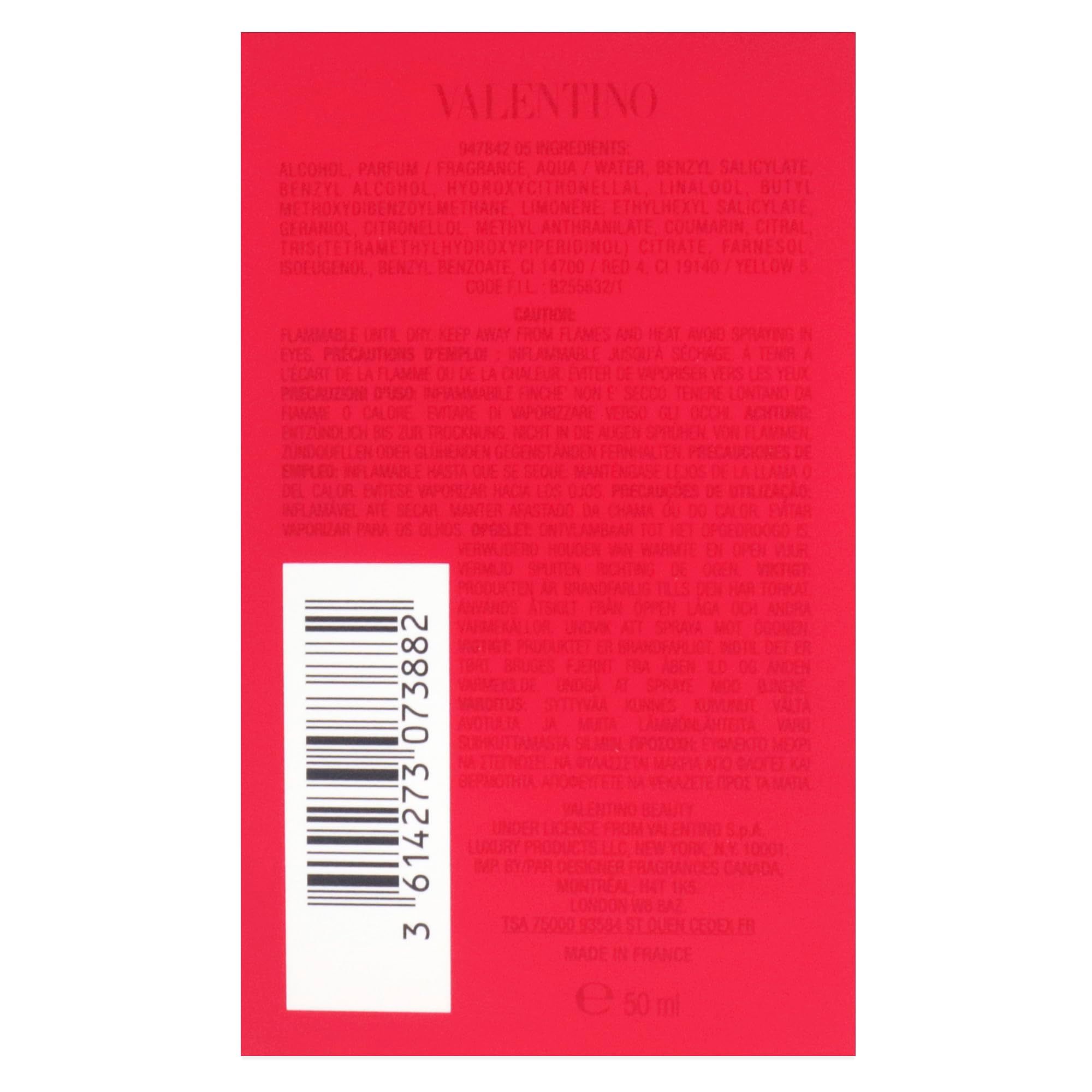 Rote Verpackung, Text und Barcode. Valentino Voce Viva Eau de Parfum. 50 ml.