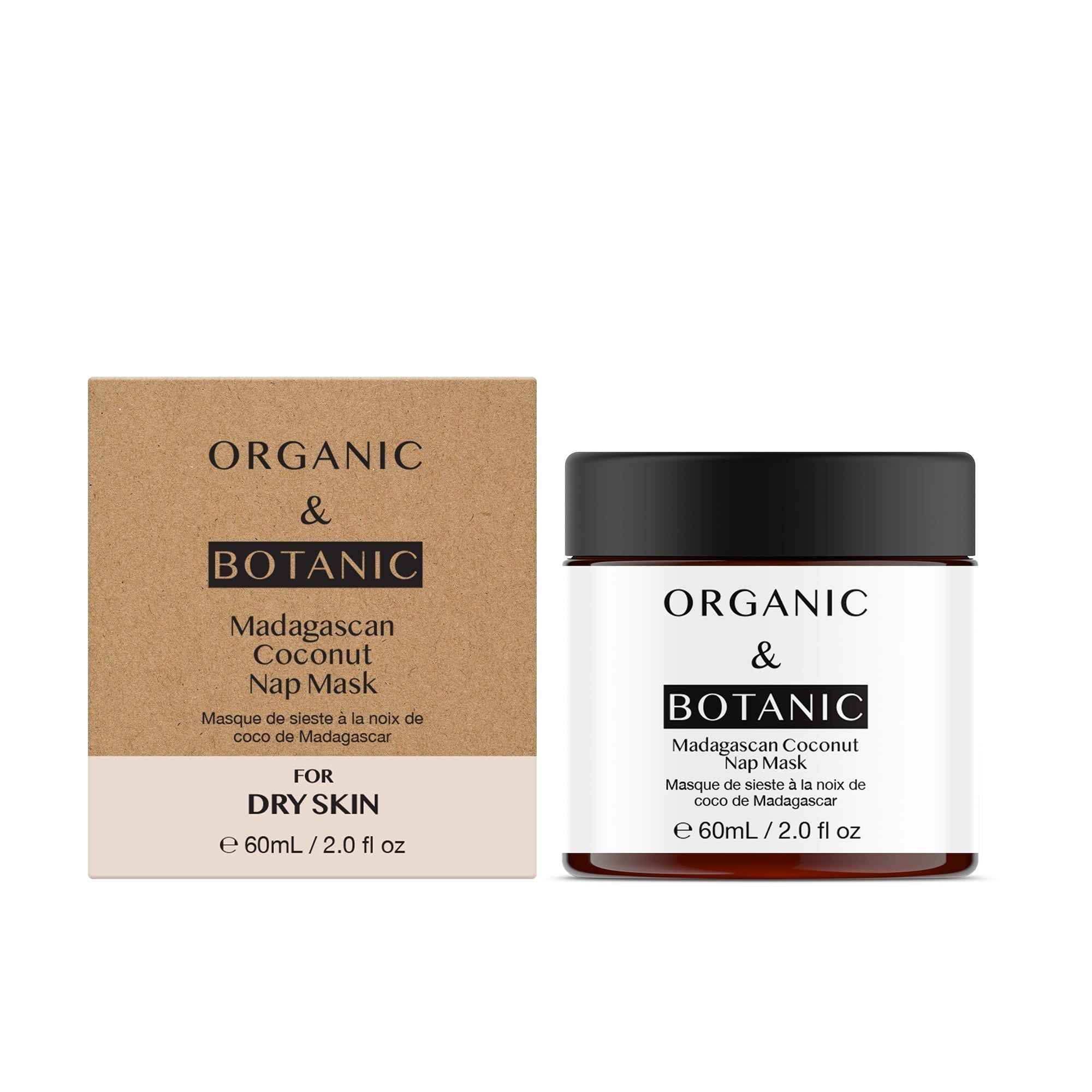 Produktverpackung und Dose. Auf der Verpackung steht: ORGANIC & BOTANIC, Madagascan Coconut Nap Mask. Für trockene Haut.