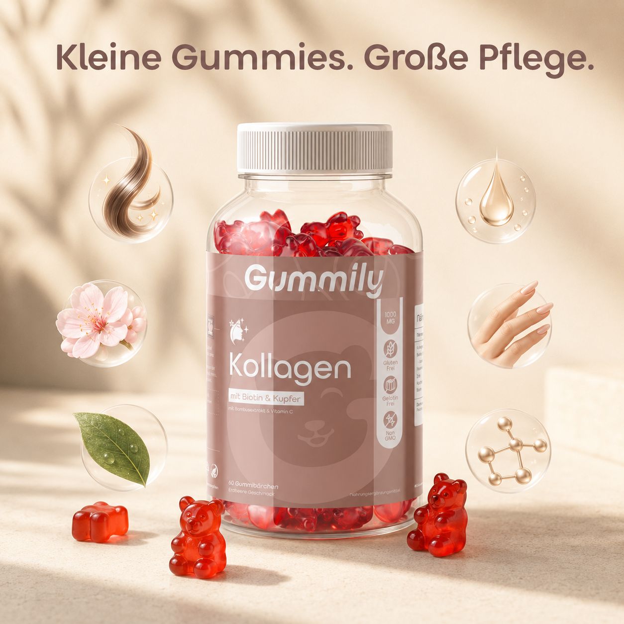 Gummily Kollagen Flasche umgeben von Symbolen für Haare, Haut, Nägel und Bindegewebe.