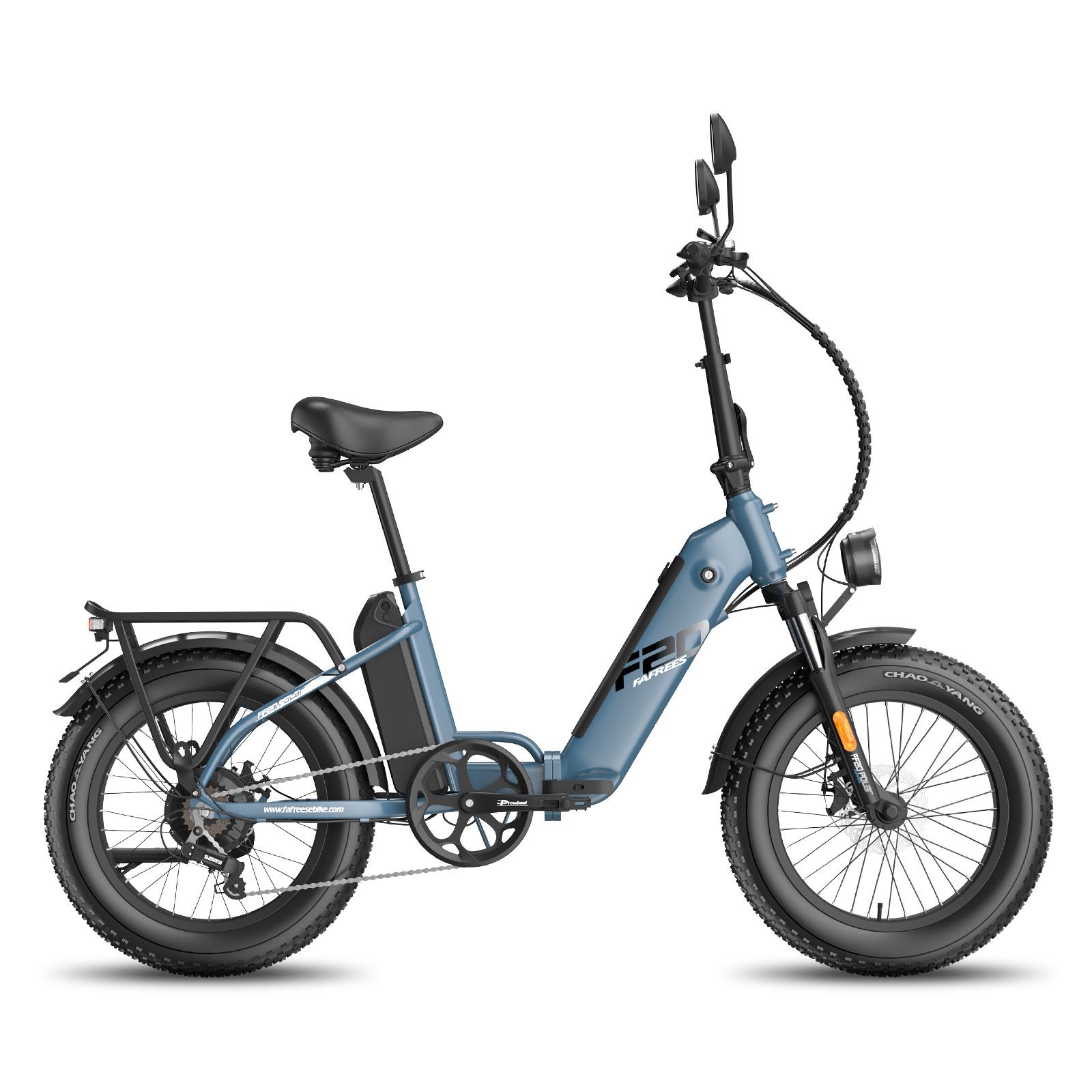 Blaues Fafrees FF20 Polar E-Bike mit Doppelladung. Schwarze Reifen, Sattel und Gepäckträger. Frontscheinwerfer.
