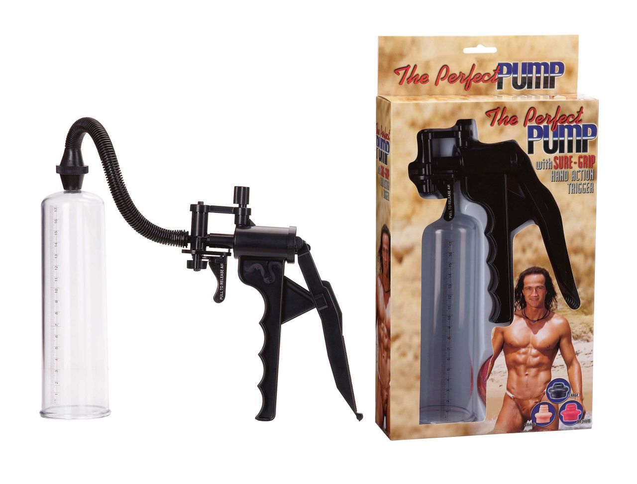 Pumpe mit transparentem Zylinder, schwarzem Griff und Schlauch. Verpackung mit Produktname und Abbildung eines Mannes.