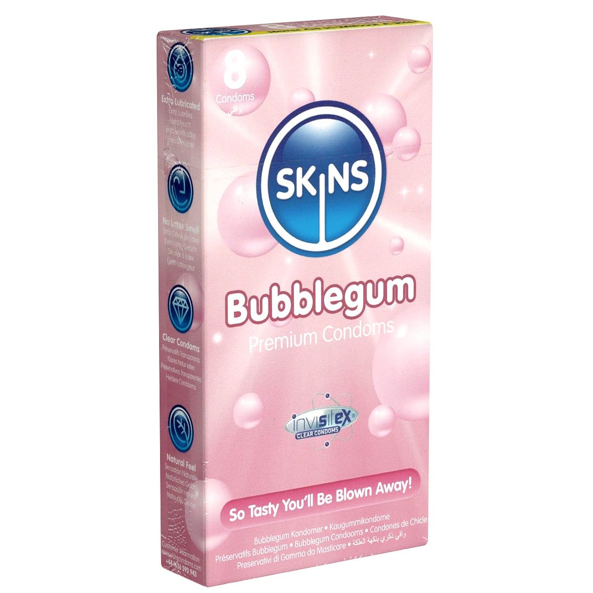 Rosa Verpackung mit SKINS Logo und Aufschrift Bubblegum. Enthält 8 Kondome. Text: Premium Condoms, So Tasty You'll Be Blown Away!