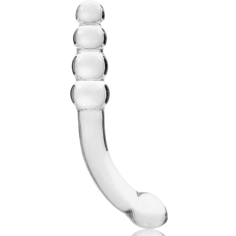 Borosilikatglas-Dildo mit kugelförmigem Griff und geripptem Schaft, auf weißem Hintergrund.