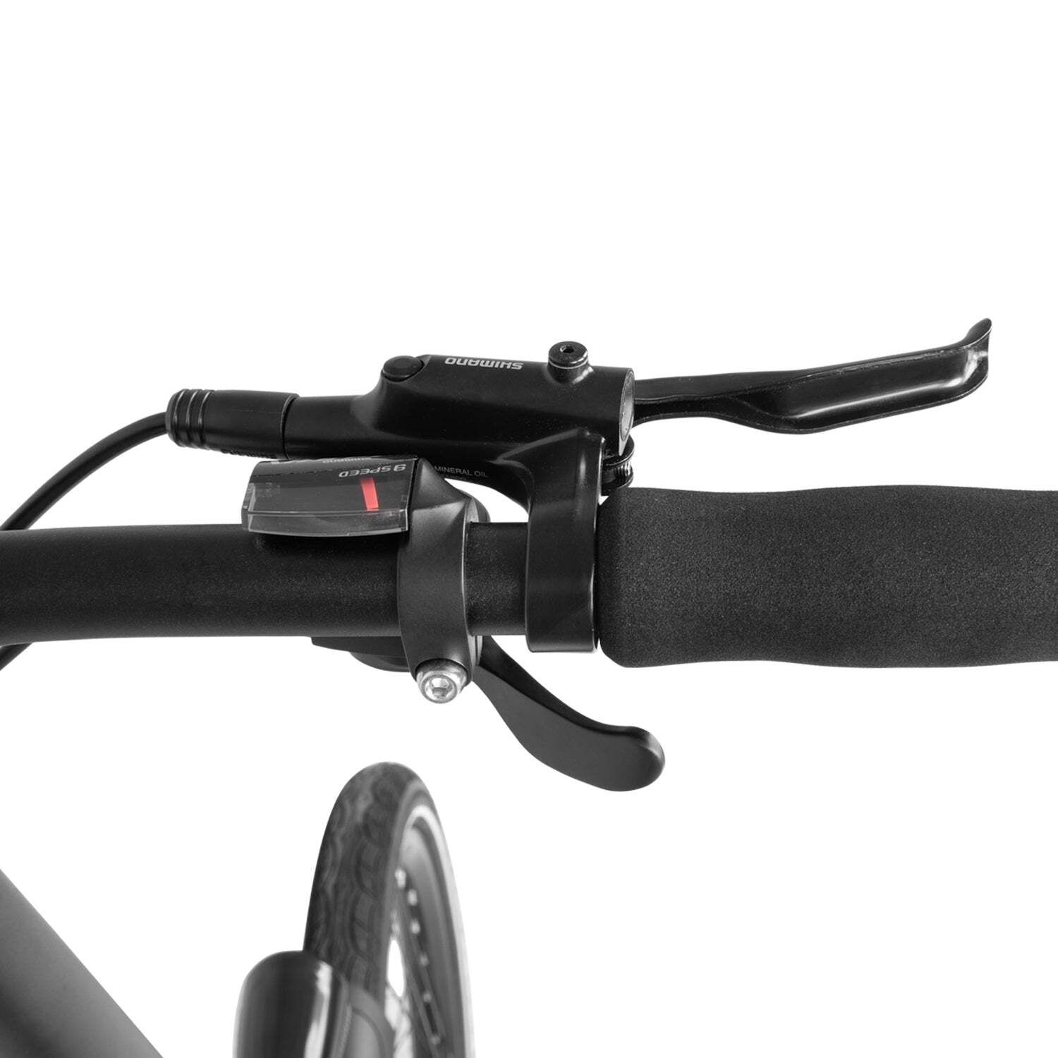 Fahrradlenker mit Bremshebel und Gangschaltung. Schwarze Griffe und Details. Shimano-Logo sichtbar.