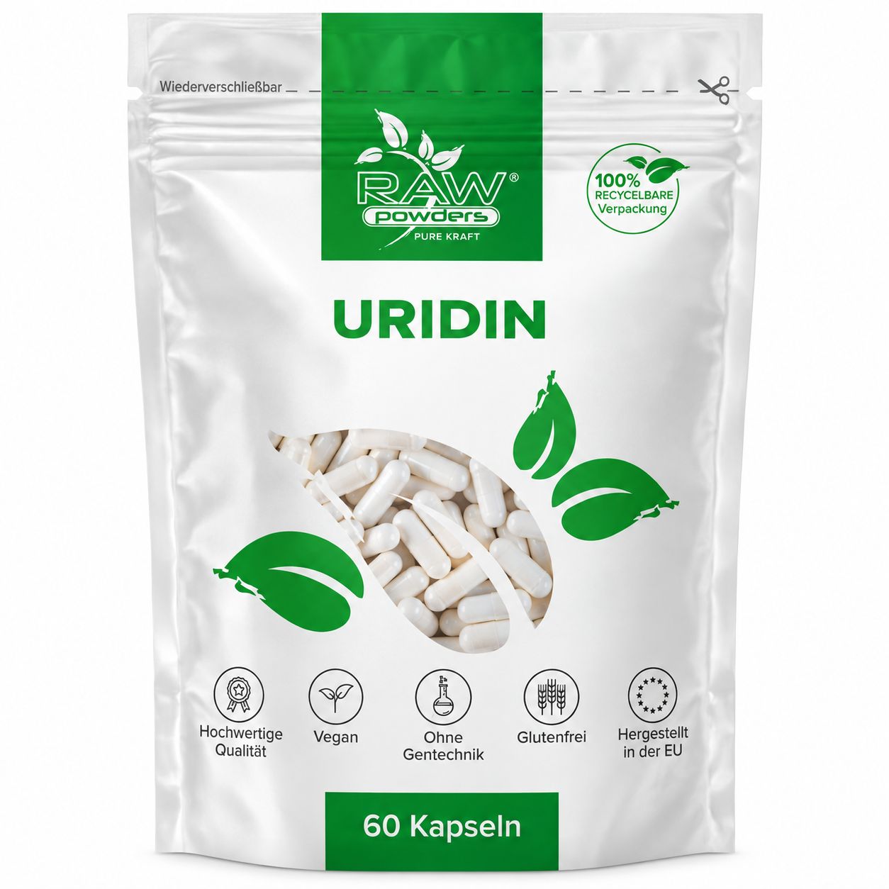 Ein weißer Standbodenbeutel mit Uridin-Kapseln, 60 Kapseln, 100% recycelbare Verpackung.