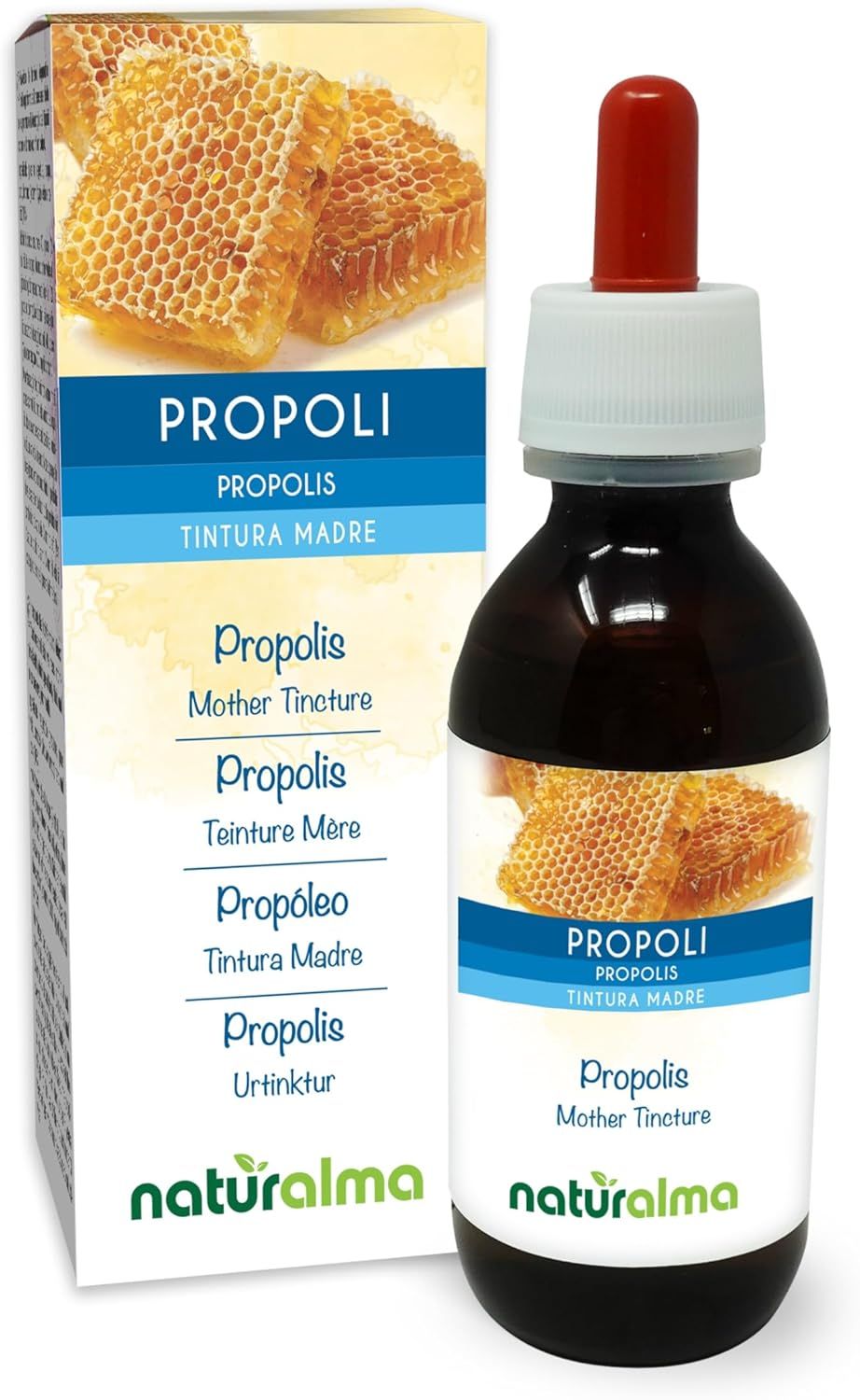 Braune Glasflasche und Verpackung mit dem Produkt Propoli. Aufschrift: Propolis, Tinktur. Marke: naturalma.