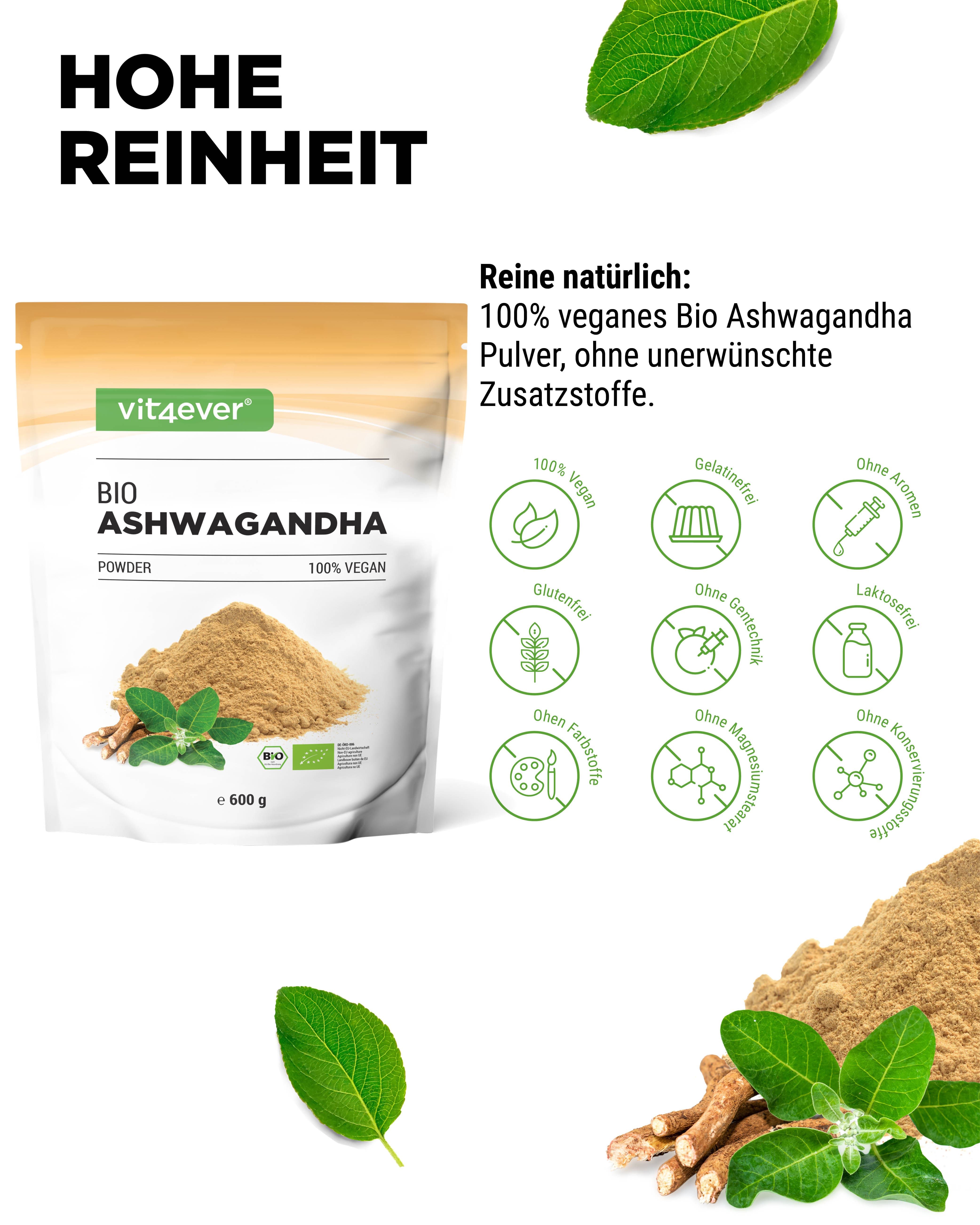 Beutel mit „BIO Ashwagandha Pulver“. Braunes Pulver, Wurzeln und Blätter. Bio-Siegel. 600 g. Icons: vegan, glutenfrei, ohne Aromen, etc.
