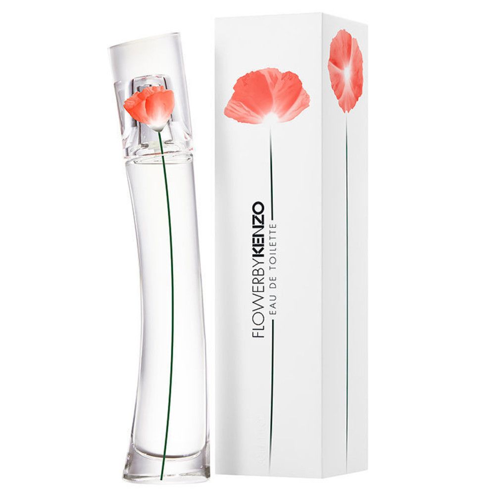 Flakon mit roter Blume und Verpackung mit Logo und Blume. Text: FLOWERBYKENZO EAU DE TOILETTE.